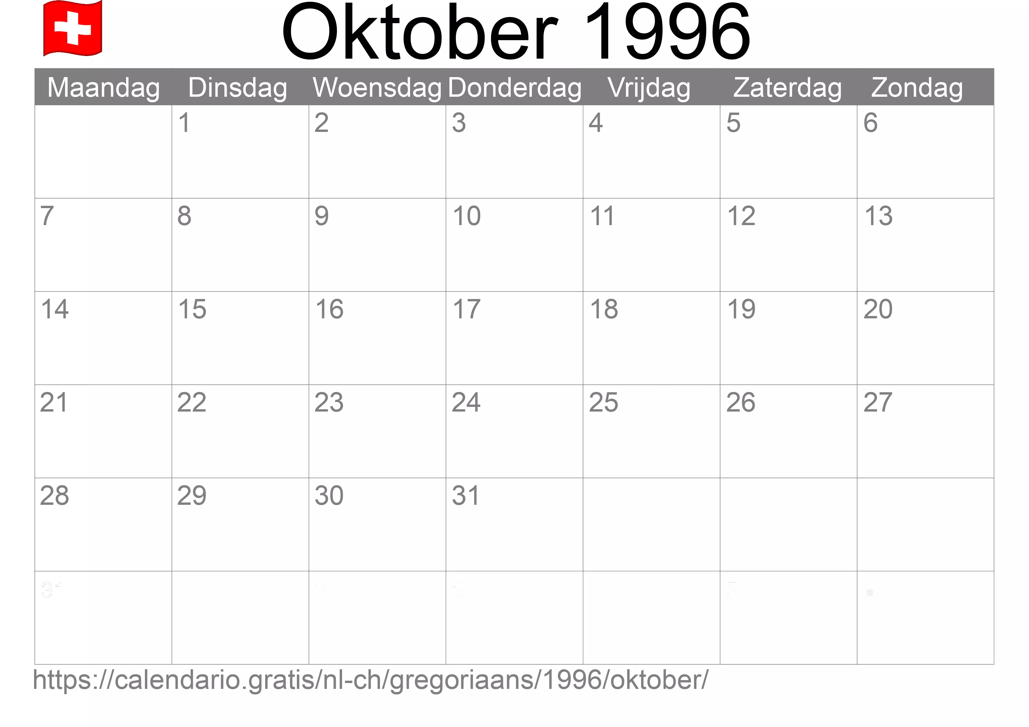 Kalender Oktober 1996 om af te drukken (Zwitserland)