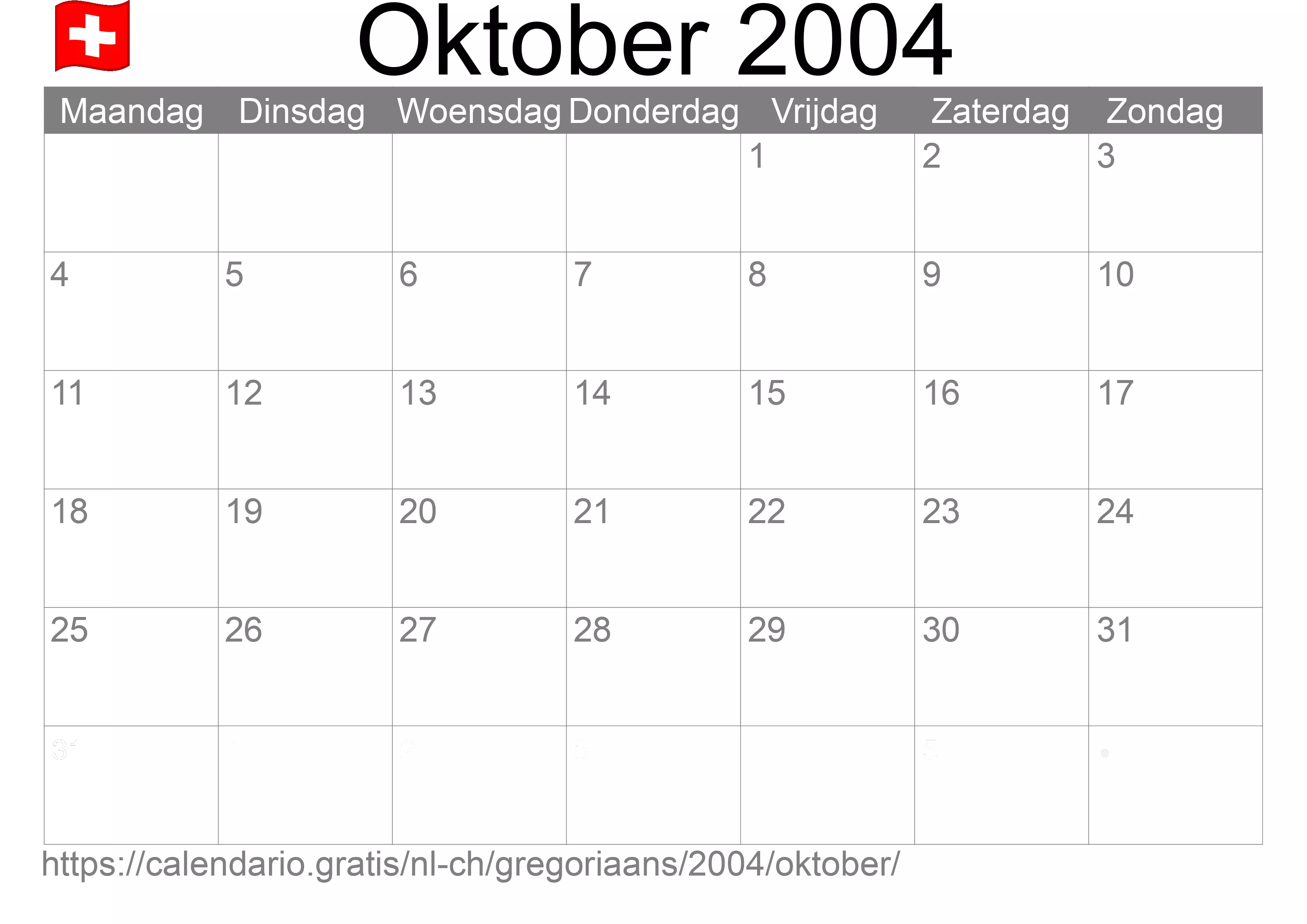 Kalender Oktober 2004 om af te drukken (Zwitserland)