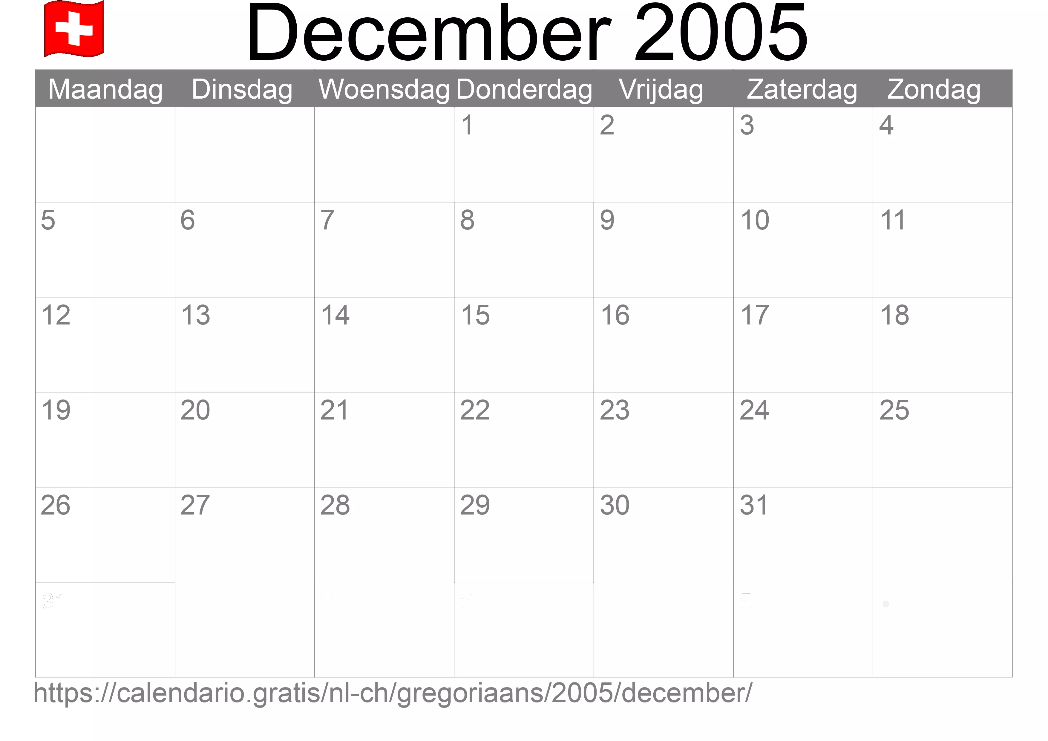 Kalender December 2005 om af te drukken (Zwitserland)