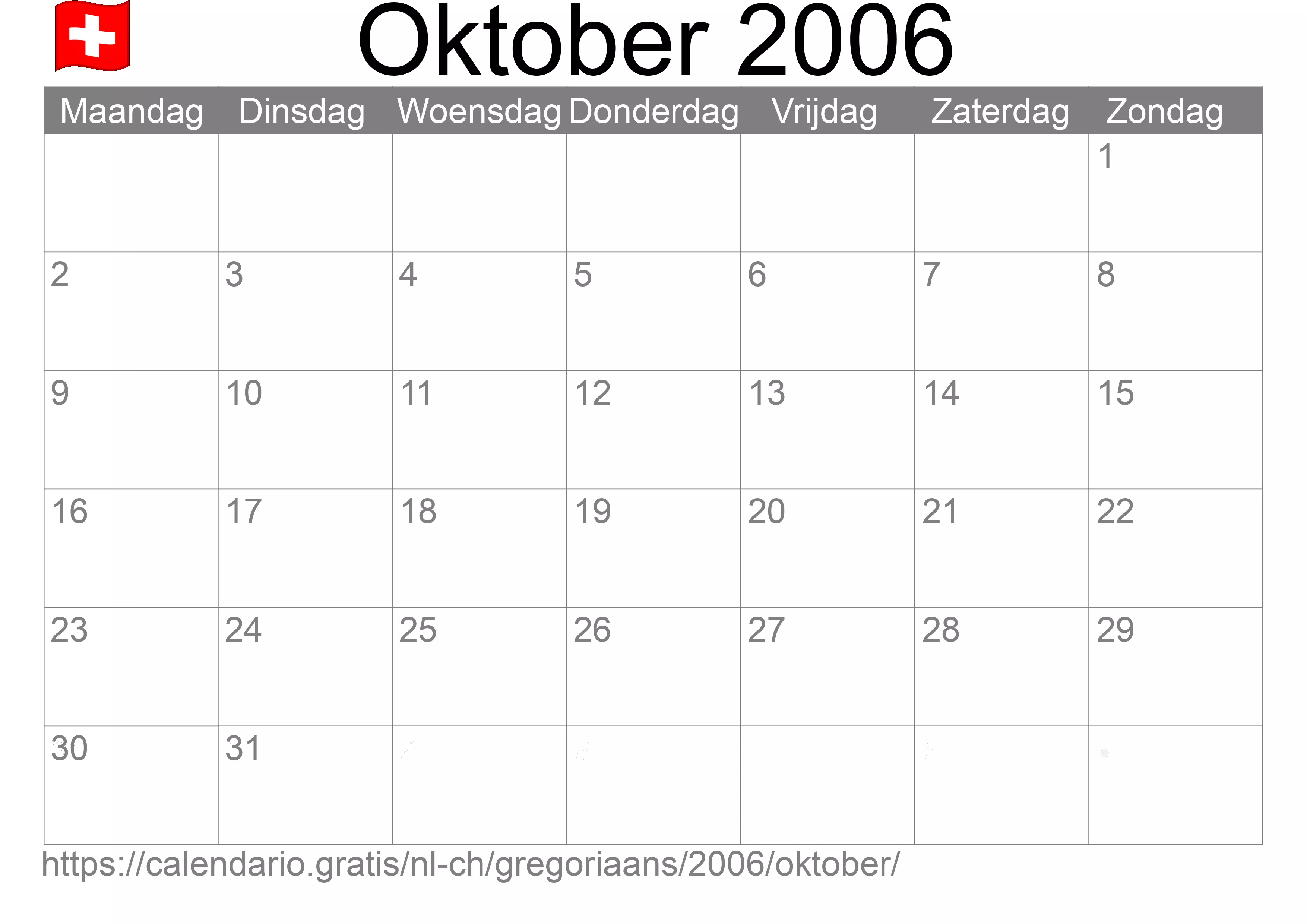 Kalender Oktober 2006 om af te drukken (Zwitserland)