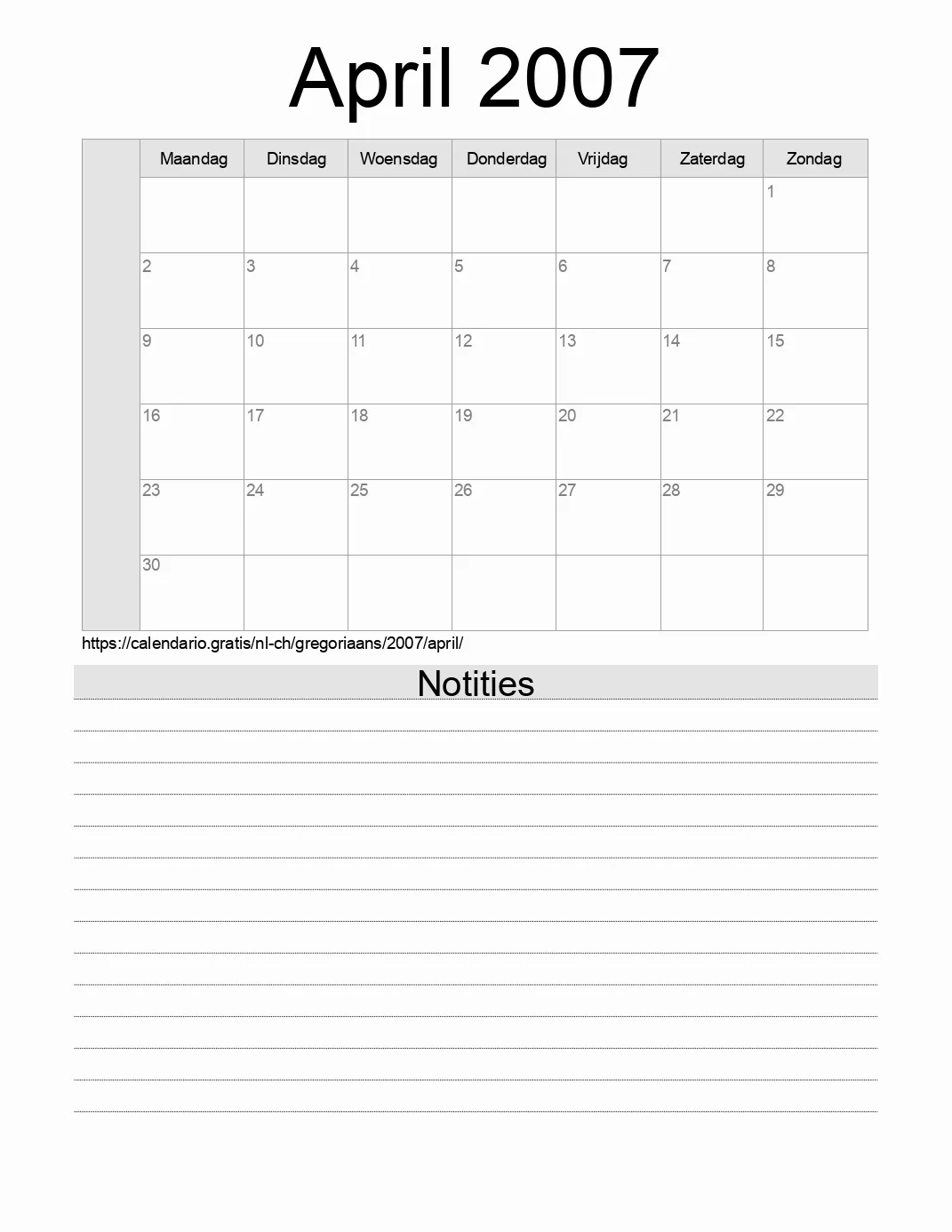 Kalender voor April 2007 om af te drukken met notities. (Zwitserland)