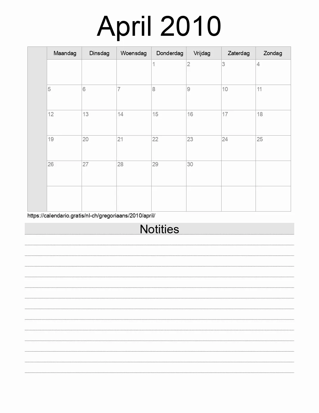 Kalender voor April 2010 om af te drukken met notities. (Zwitserland)