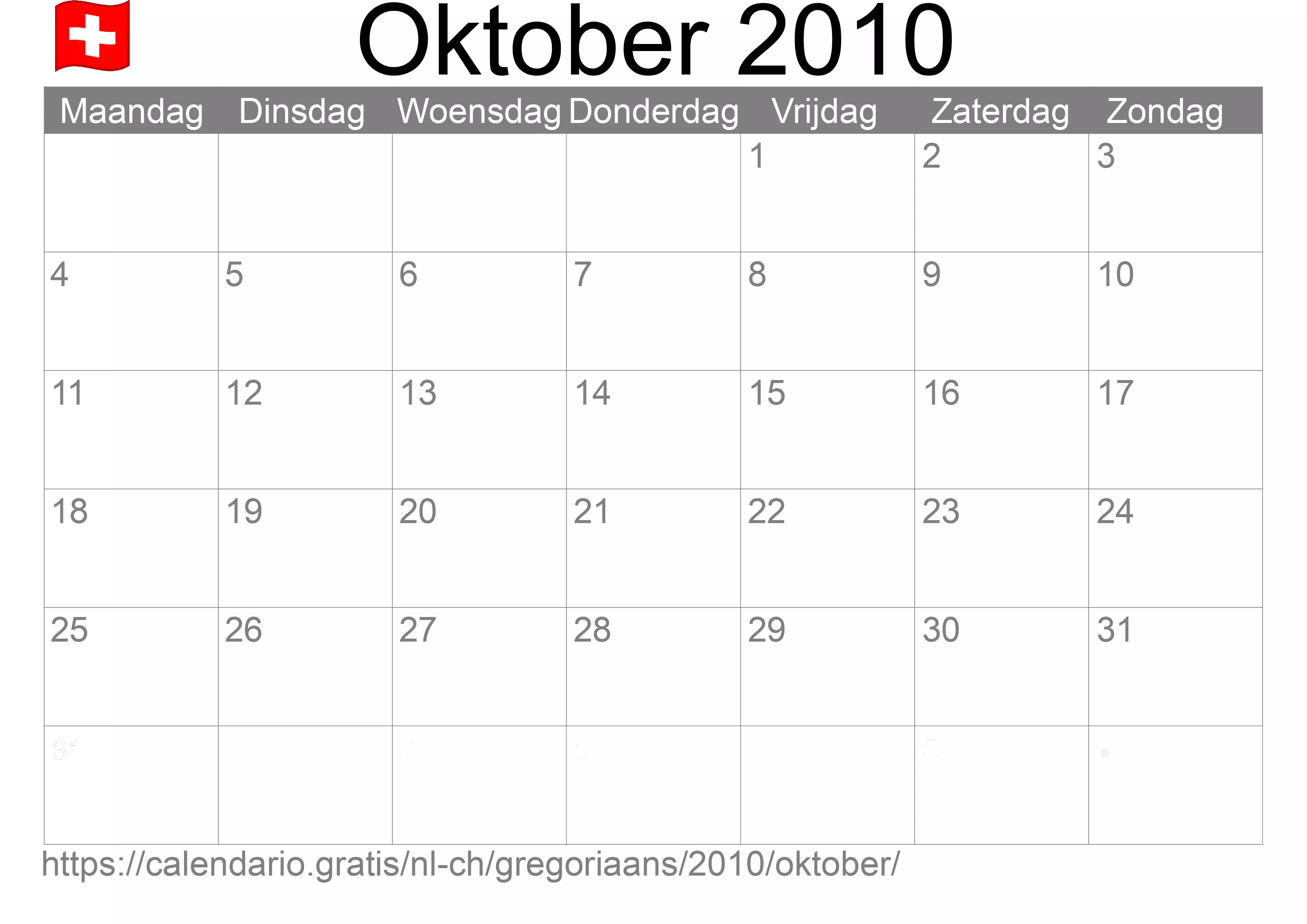 Kalender Oktober 2010 om af te drukken (Zwitserland)
