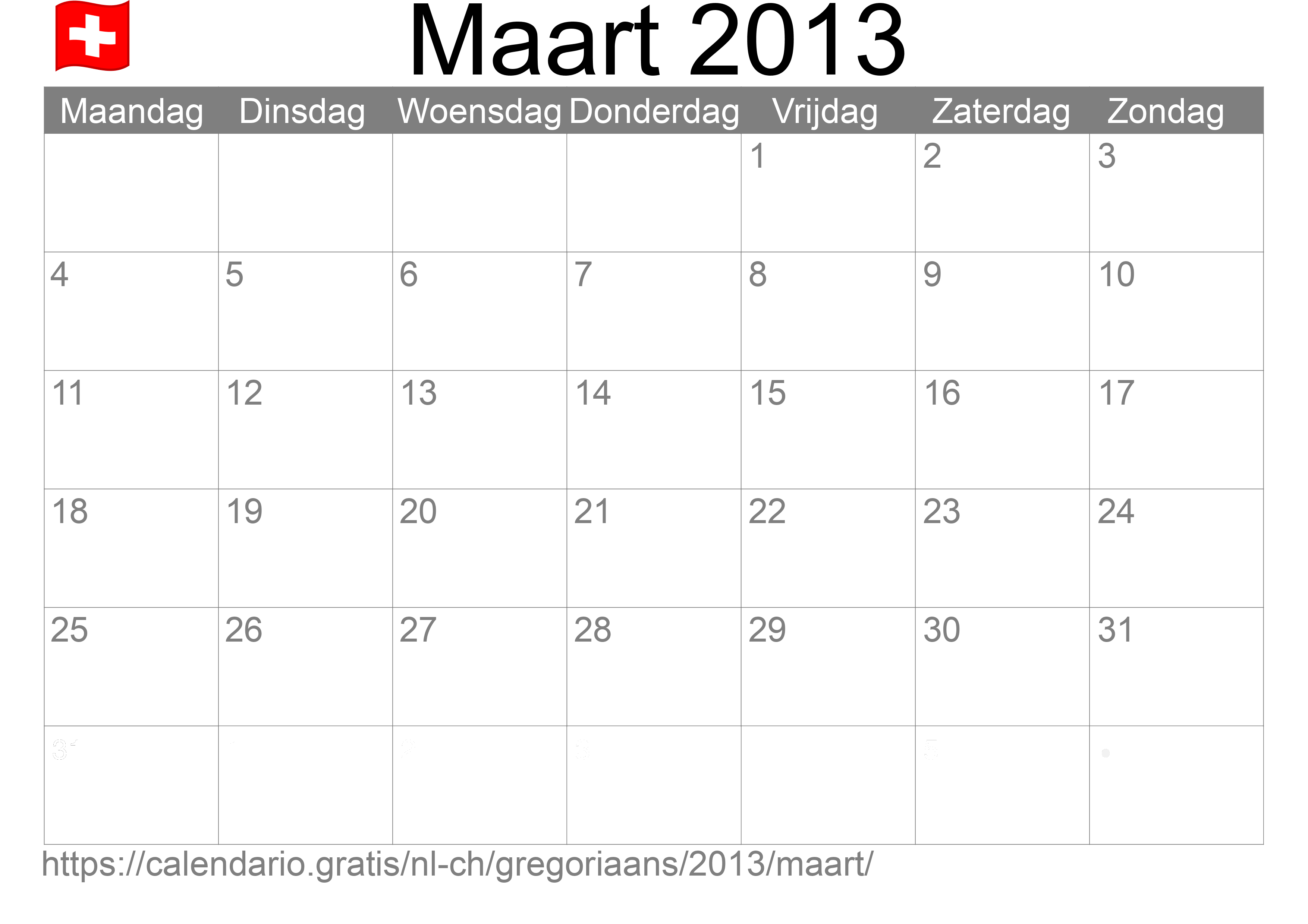 Kalender Maart 2013 om af te drukken