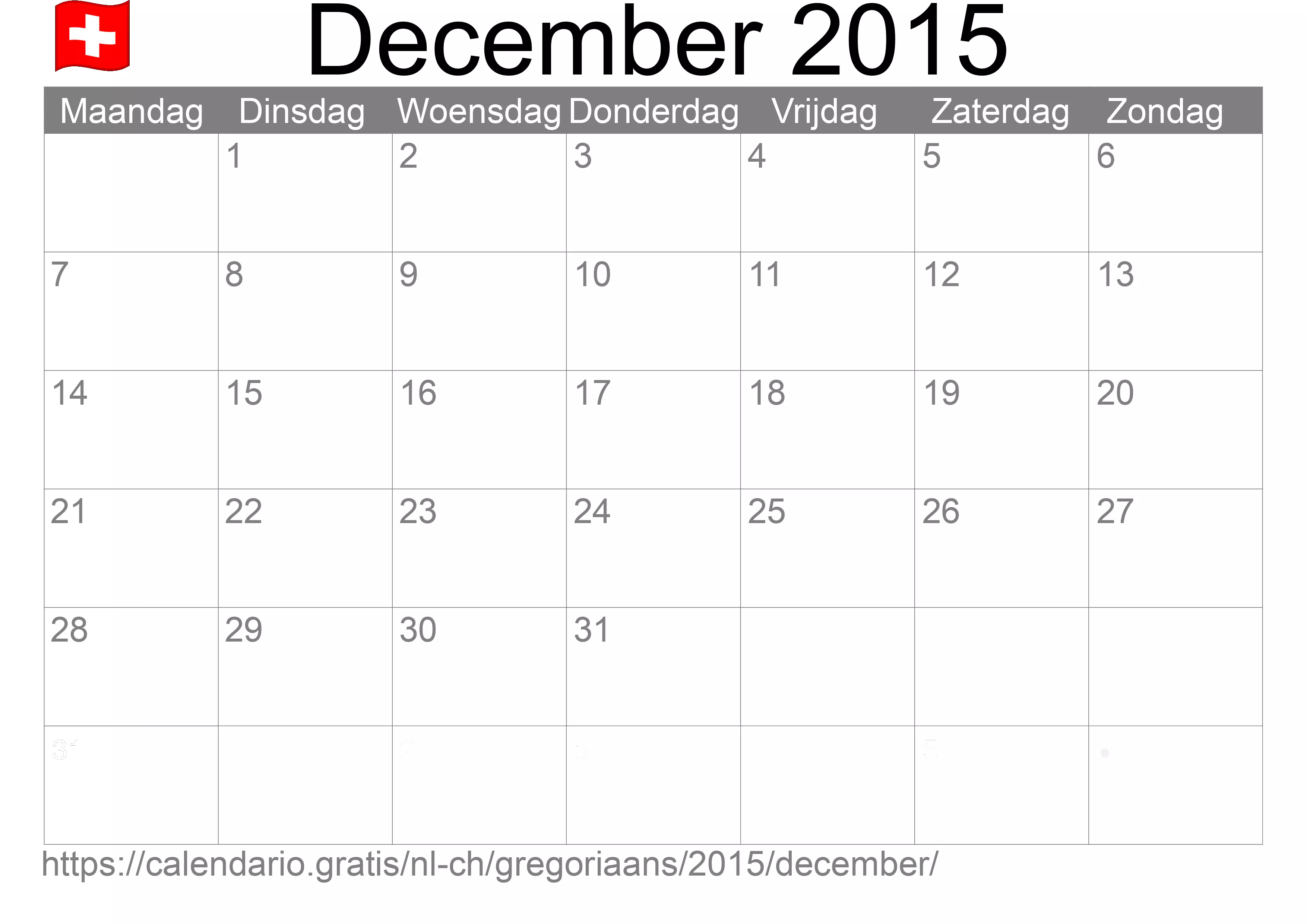 Kalender December 2015 om af te drukken (Zwitserland)
