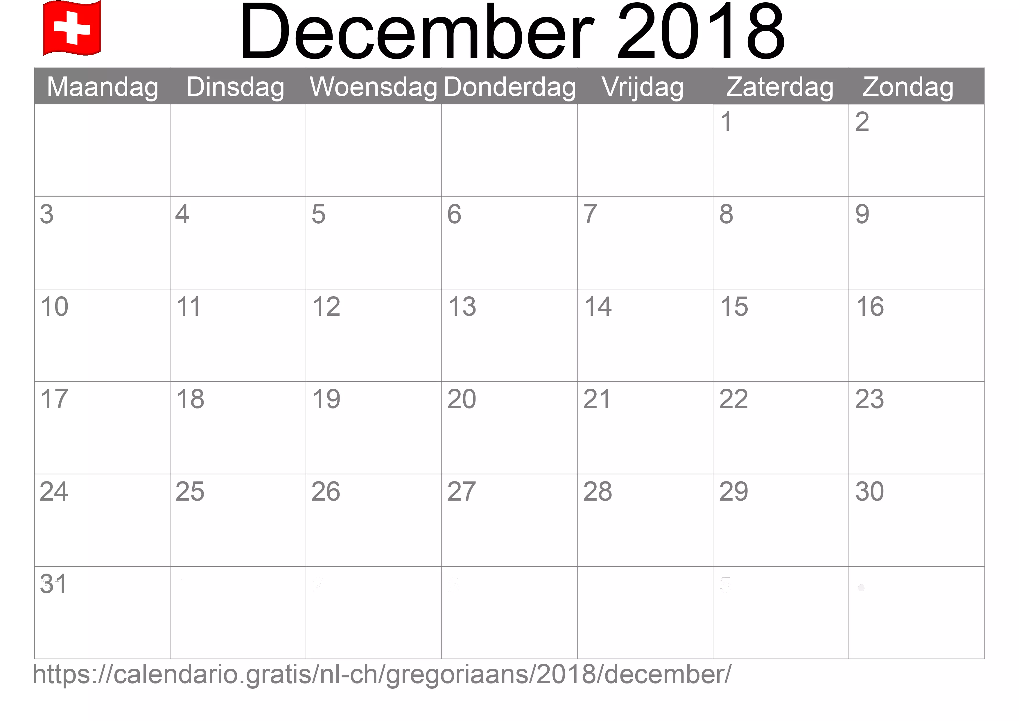 Kalender December 2018 om af te drukken (Zwitserland)