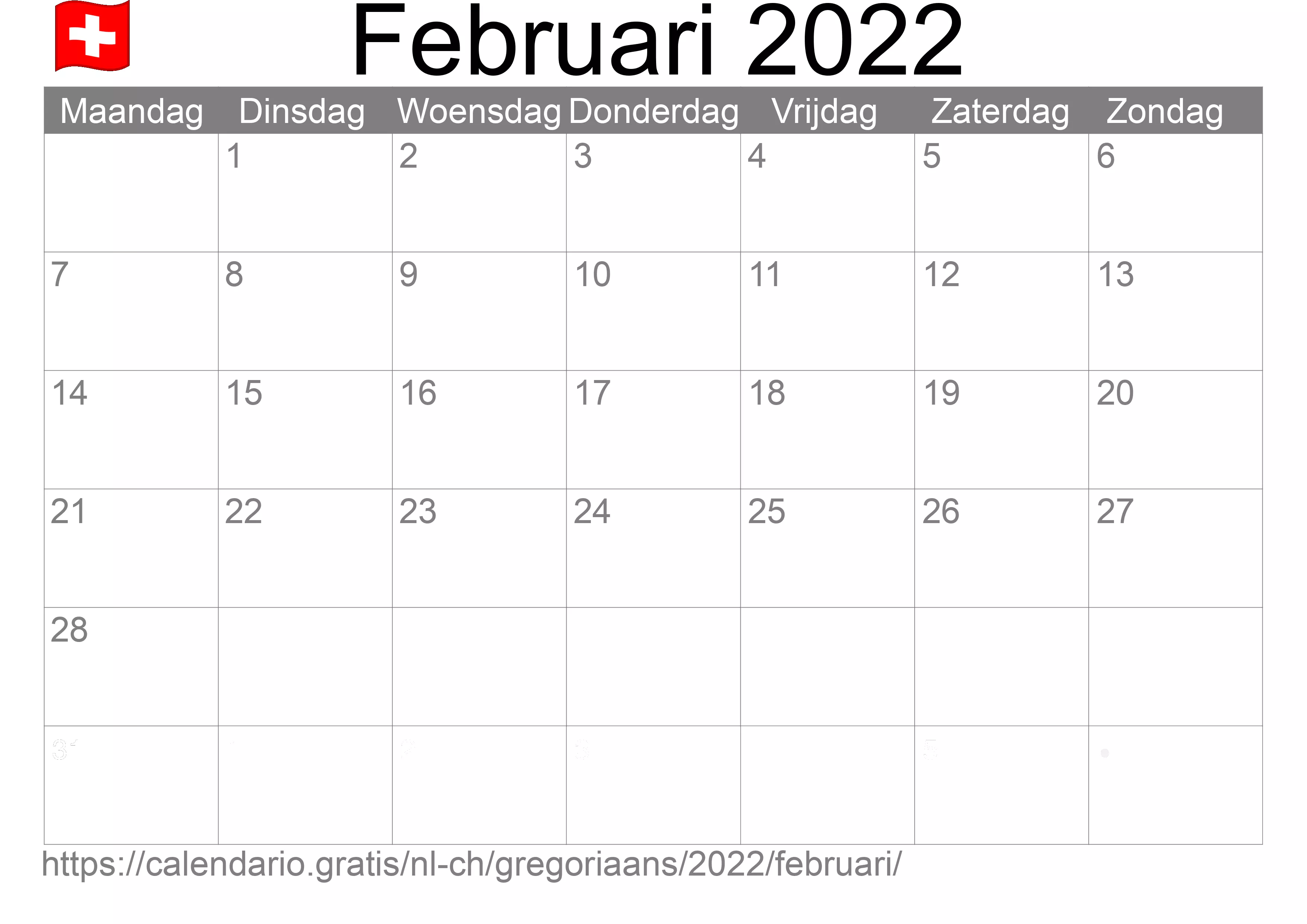 Kalender Februari 2022 om af te drukken (Zwitserland) Kalender Februari 2022 om af te drukken (Zwitserland)