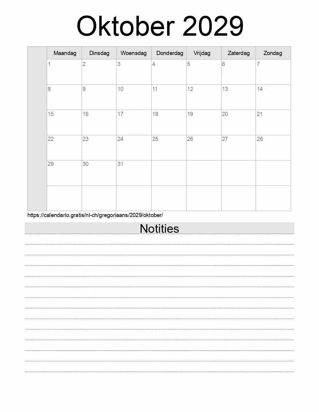 Kalender voor Oktober 2029 om af te drukken met notities. (Zwitserland)