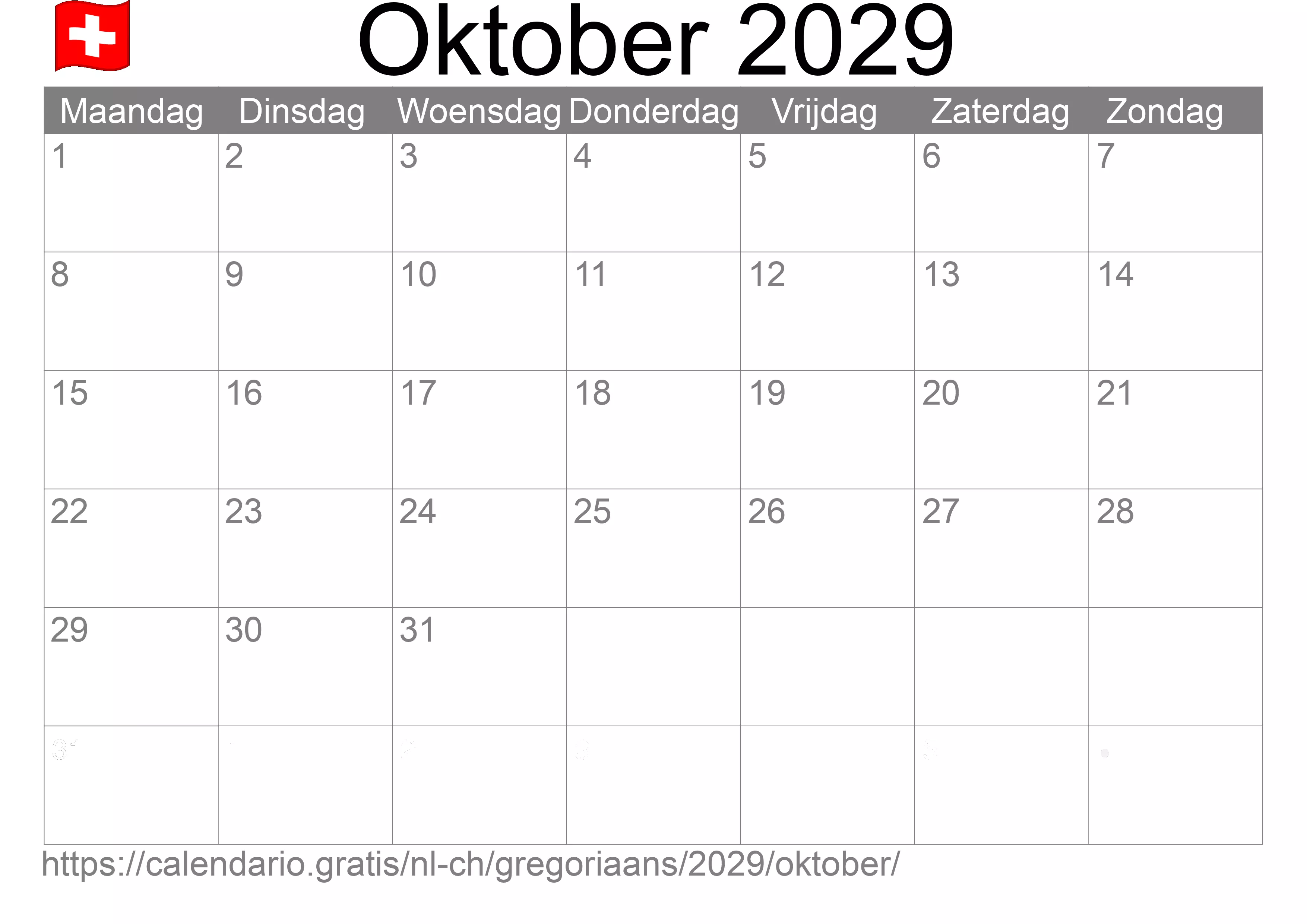 Kalender Oktober 2029 om af te drukken (Zwitserland)
