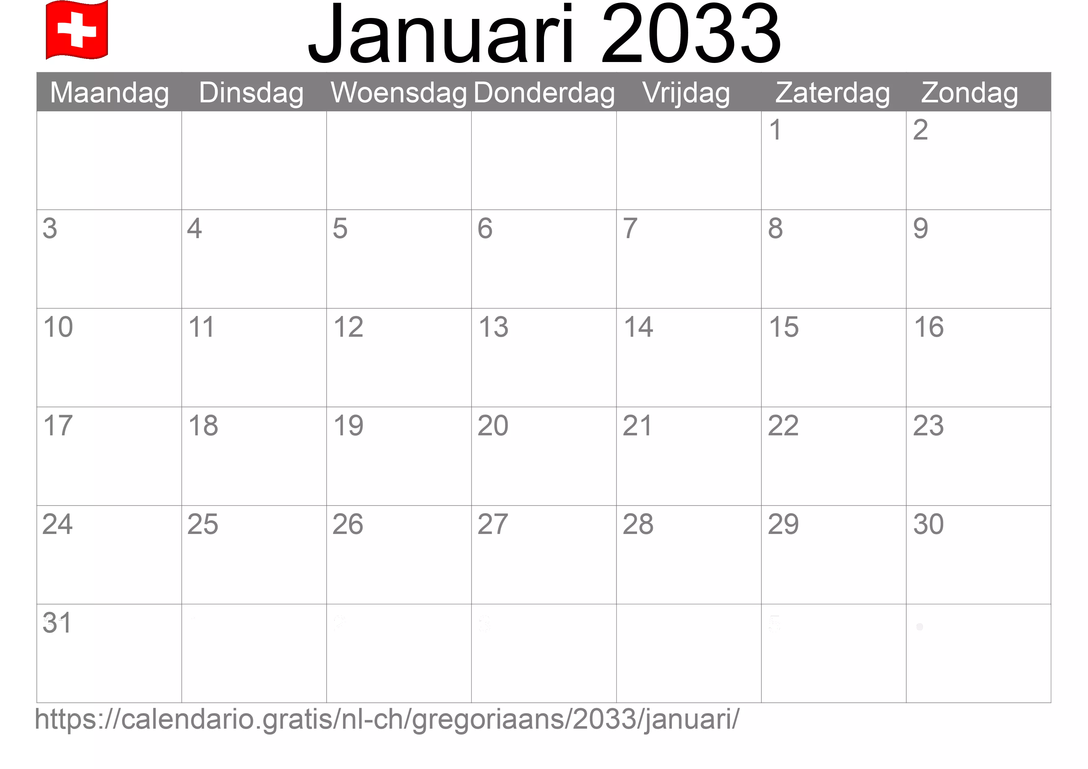 Kalender Januari 2033 om af te drukken (Zwitserland)