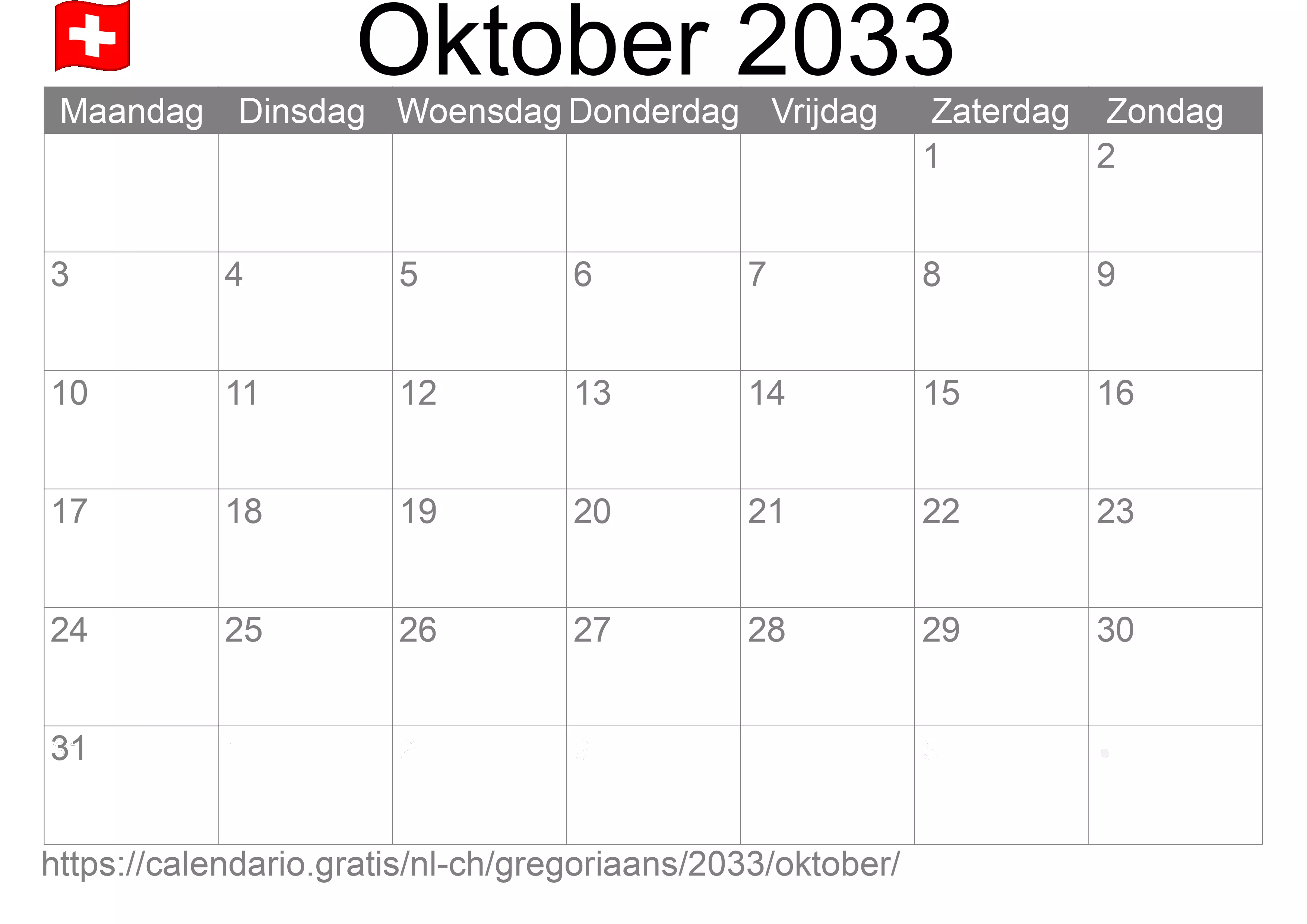 Kalender Oktober 2033 om af te drukken (Zwitserland)