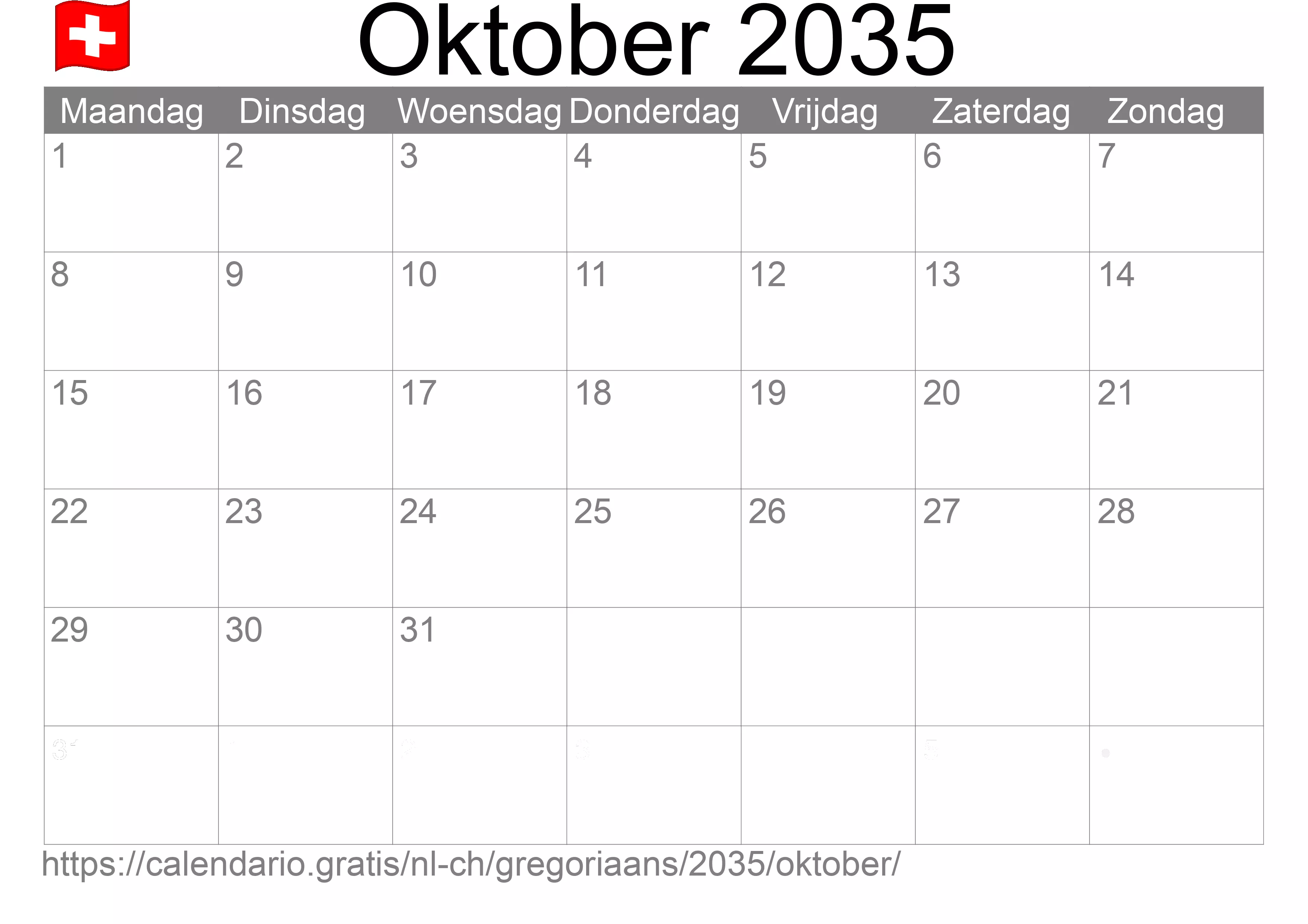Kalender Oktober 2035 om af te drukken (Zwitserland)