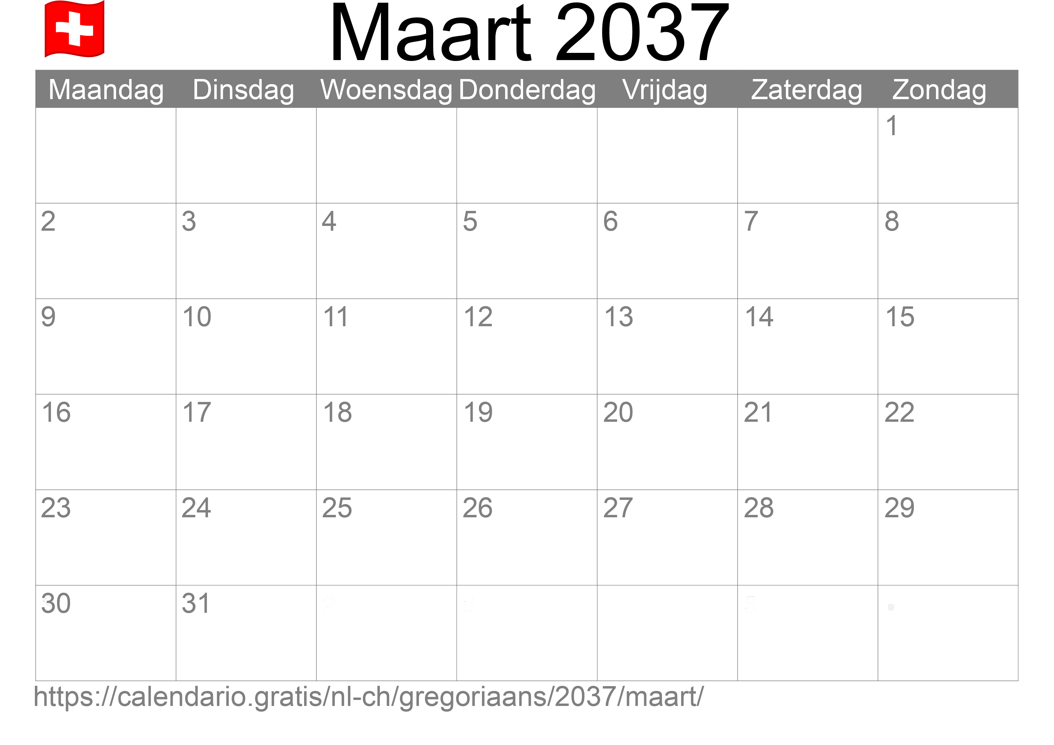 Kalender Maart 2037 om af te drukken