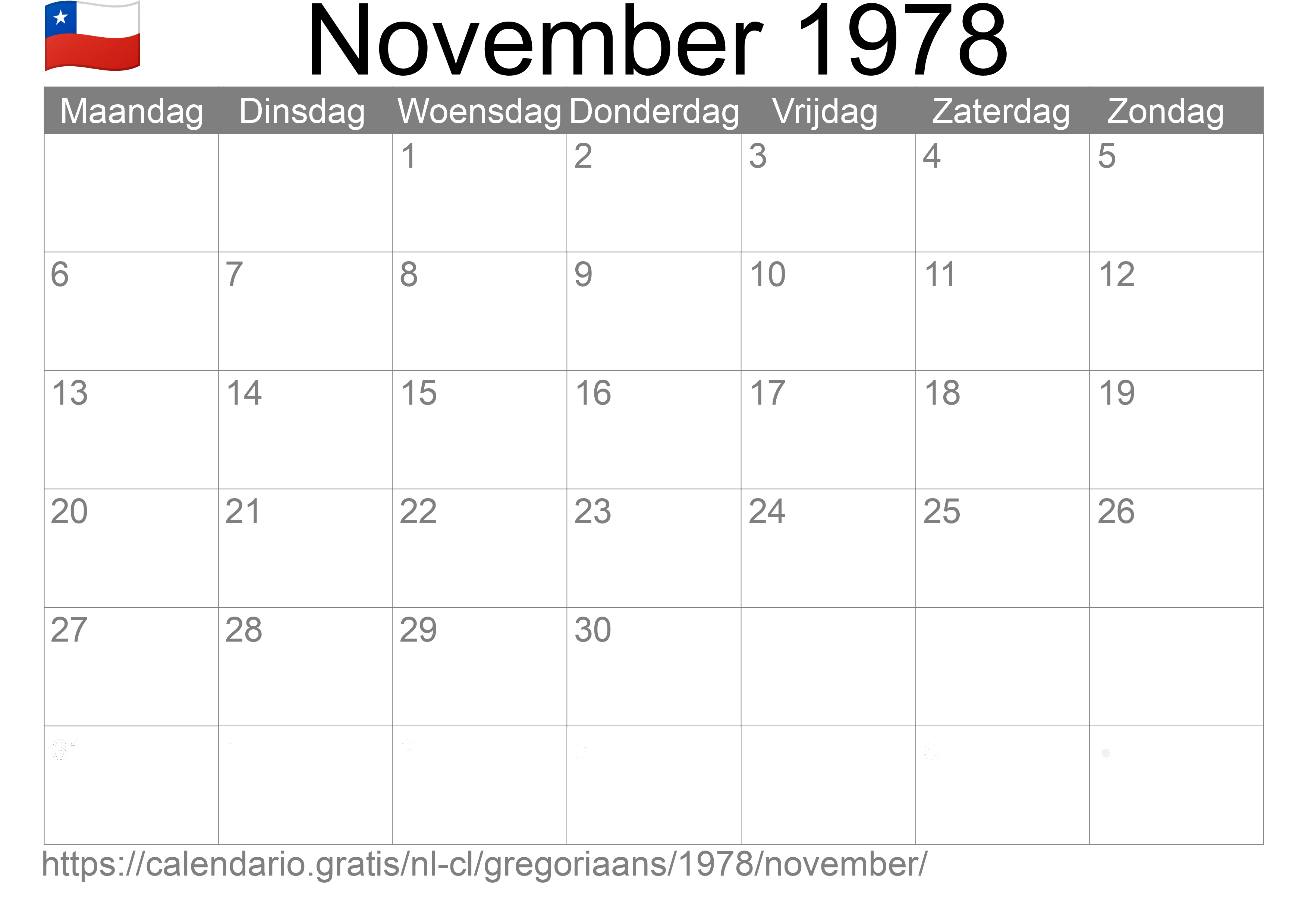 Kalender November 1978 om af te drukken