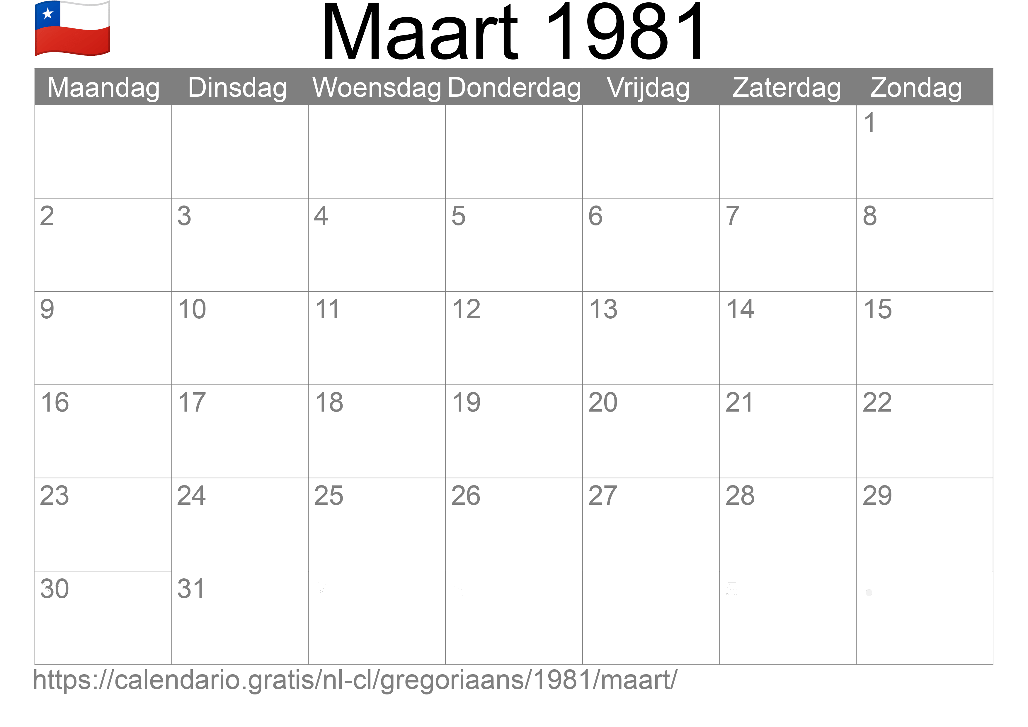 Kalender Maart 1981 om af te drukken