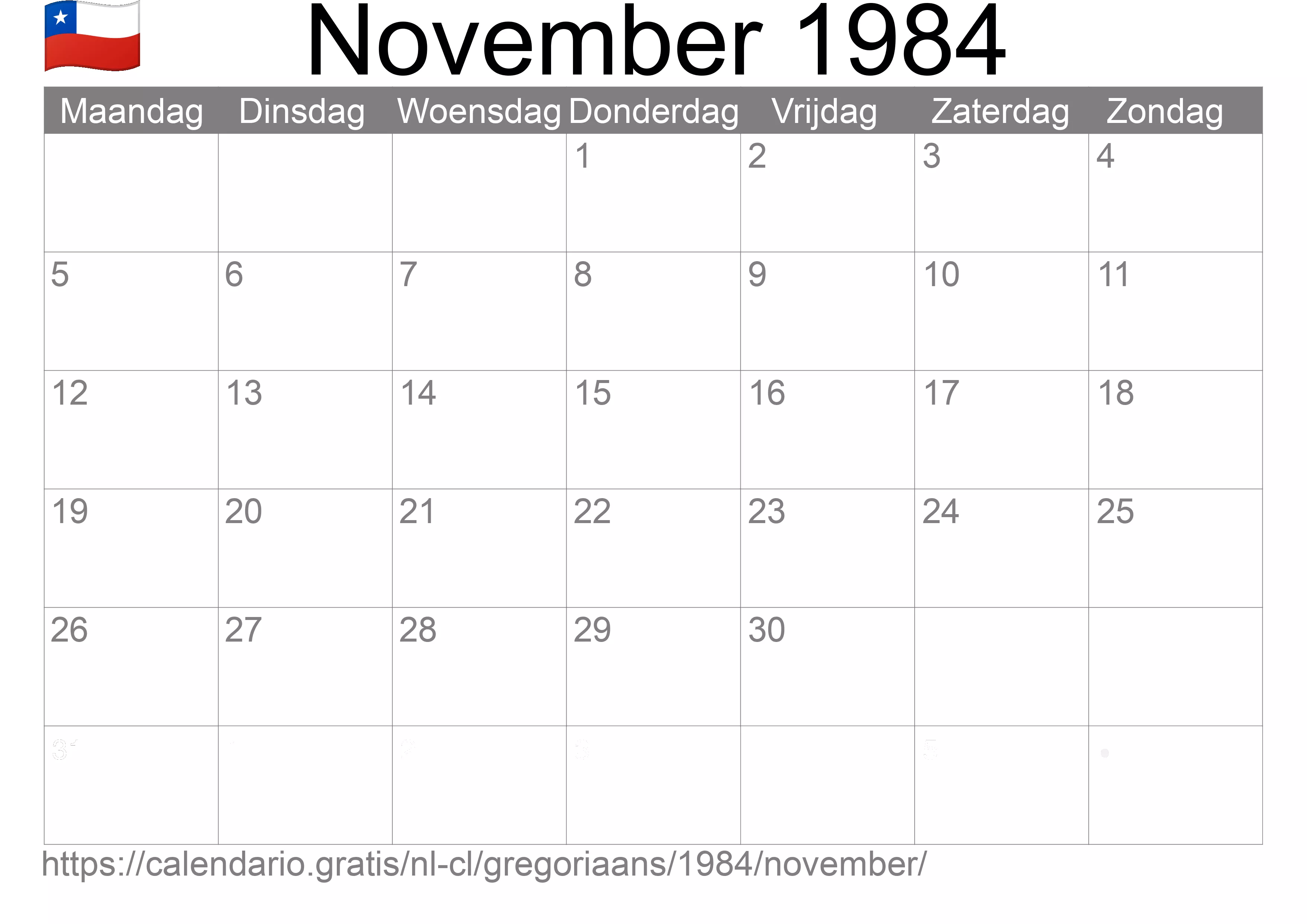 Kalender November 1984 om af te drukken (Chili)