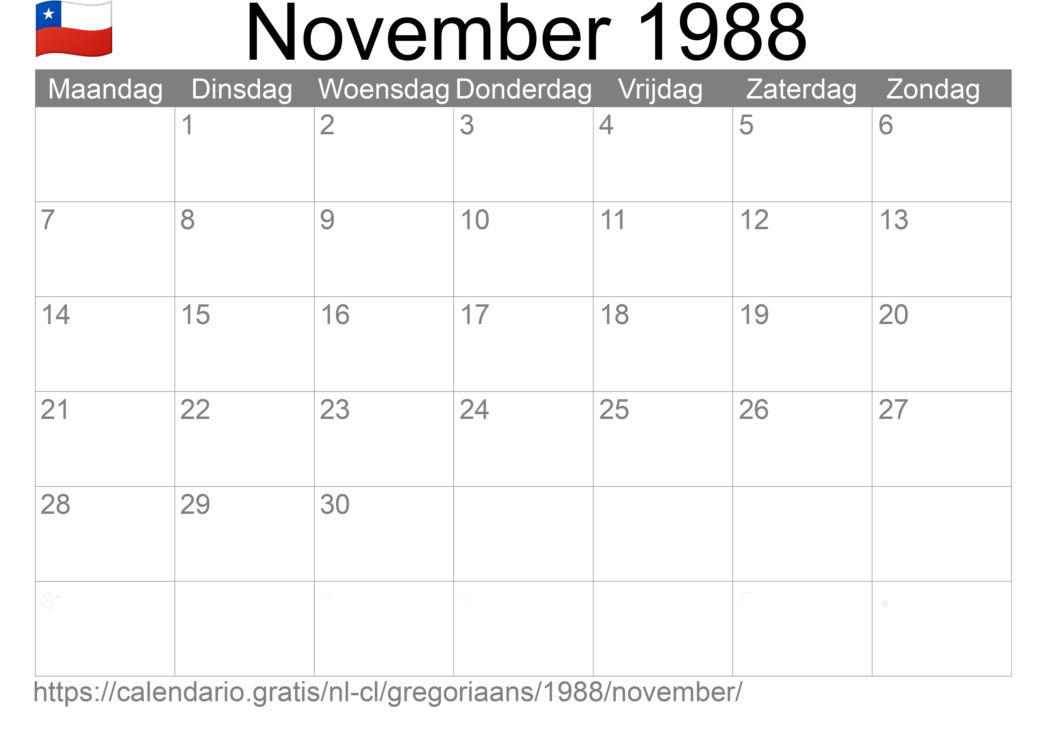 Kalender November 1988 om af te drukken