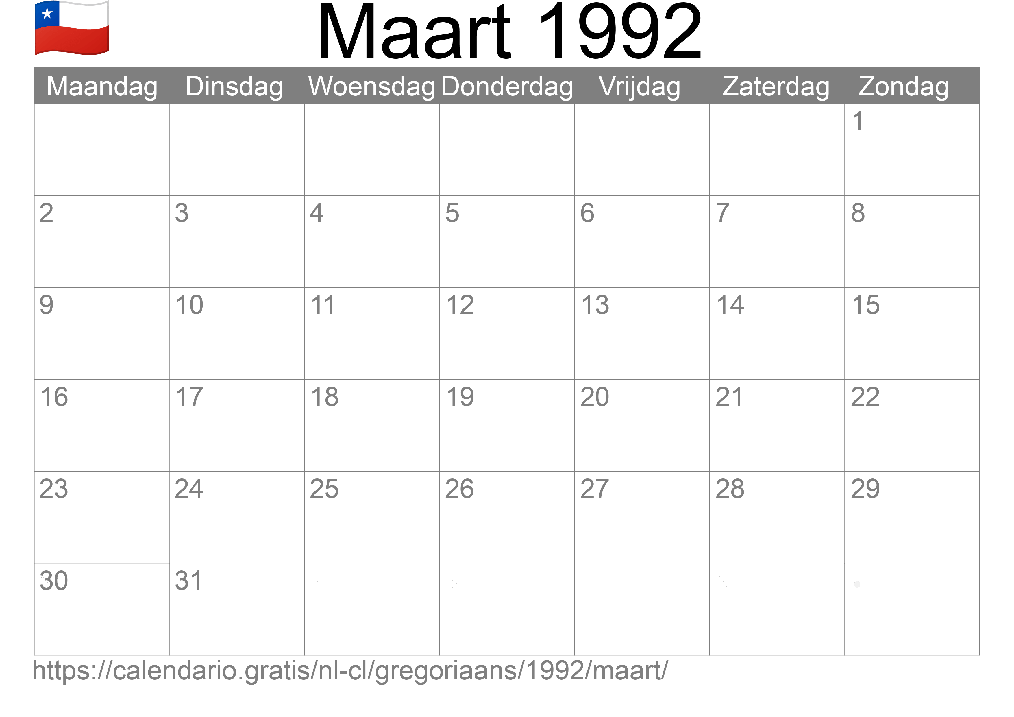 Kalender Maart 1992 om af te drukken