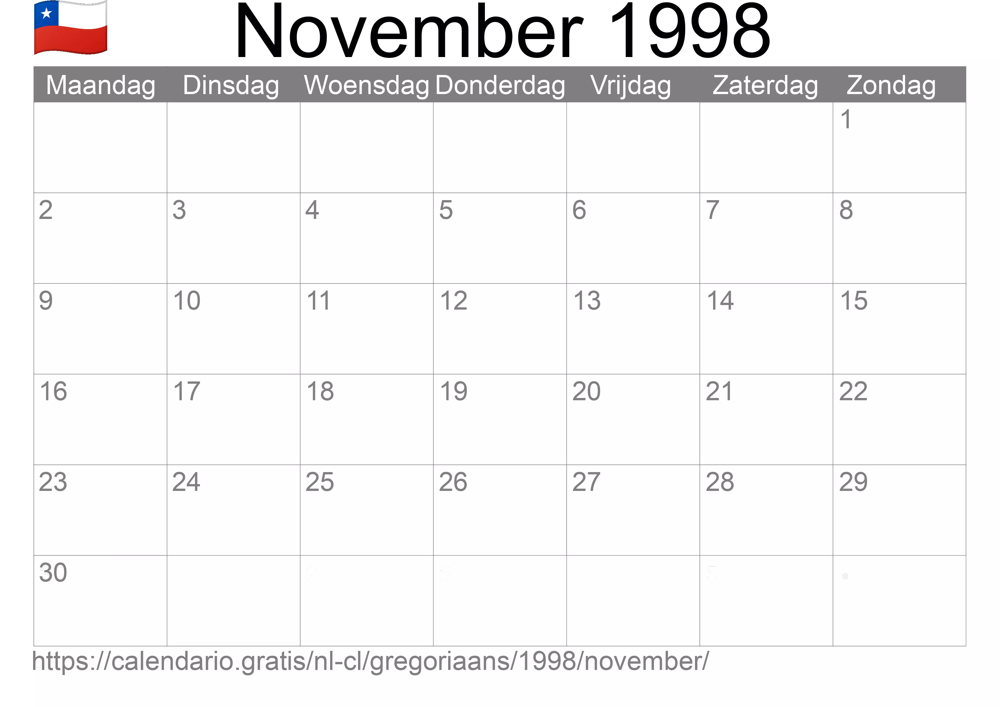 Kalender November 1998 om af te drukken (Chili)