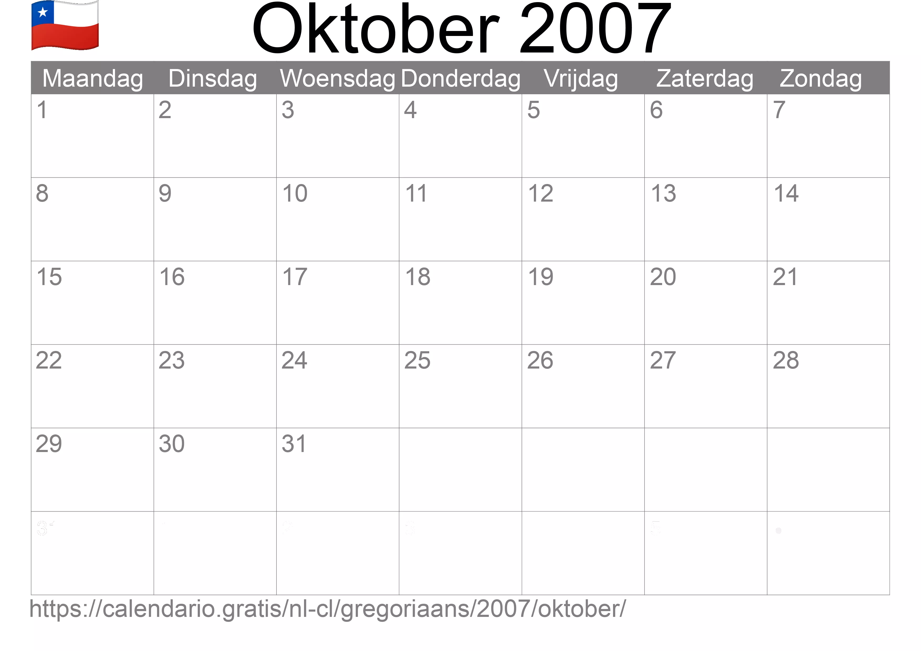 Kalender Oktober 2007 om af te drukken (Chili)