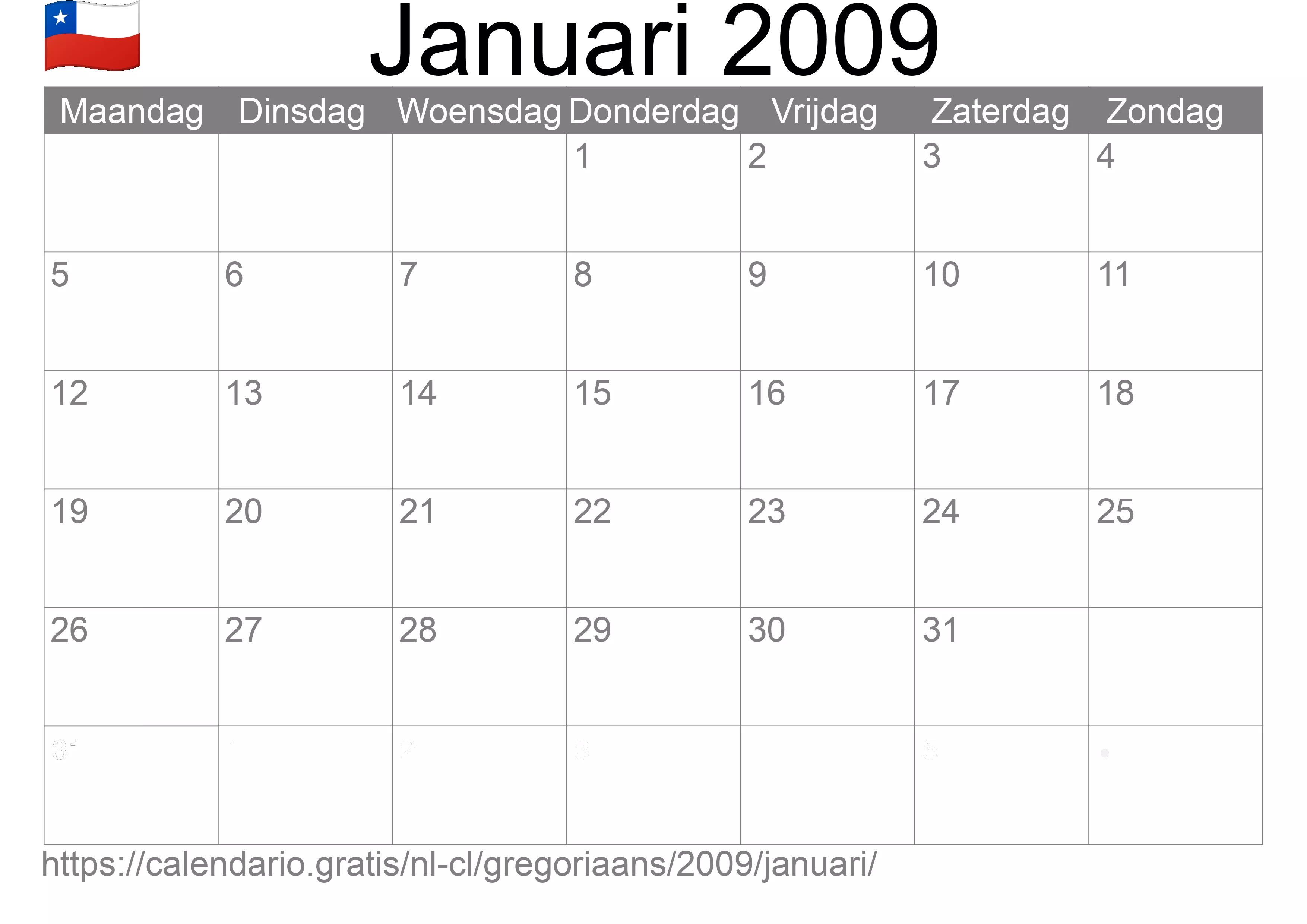 Kalender Januari 2009 om af te drukken (Chili)
