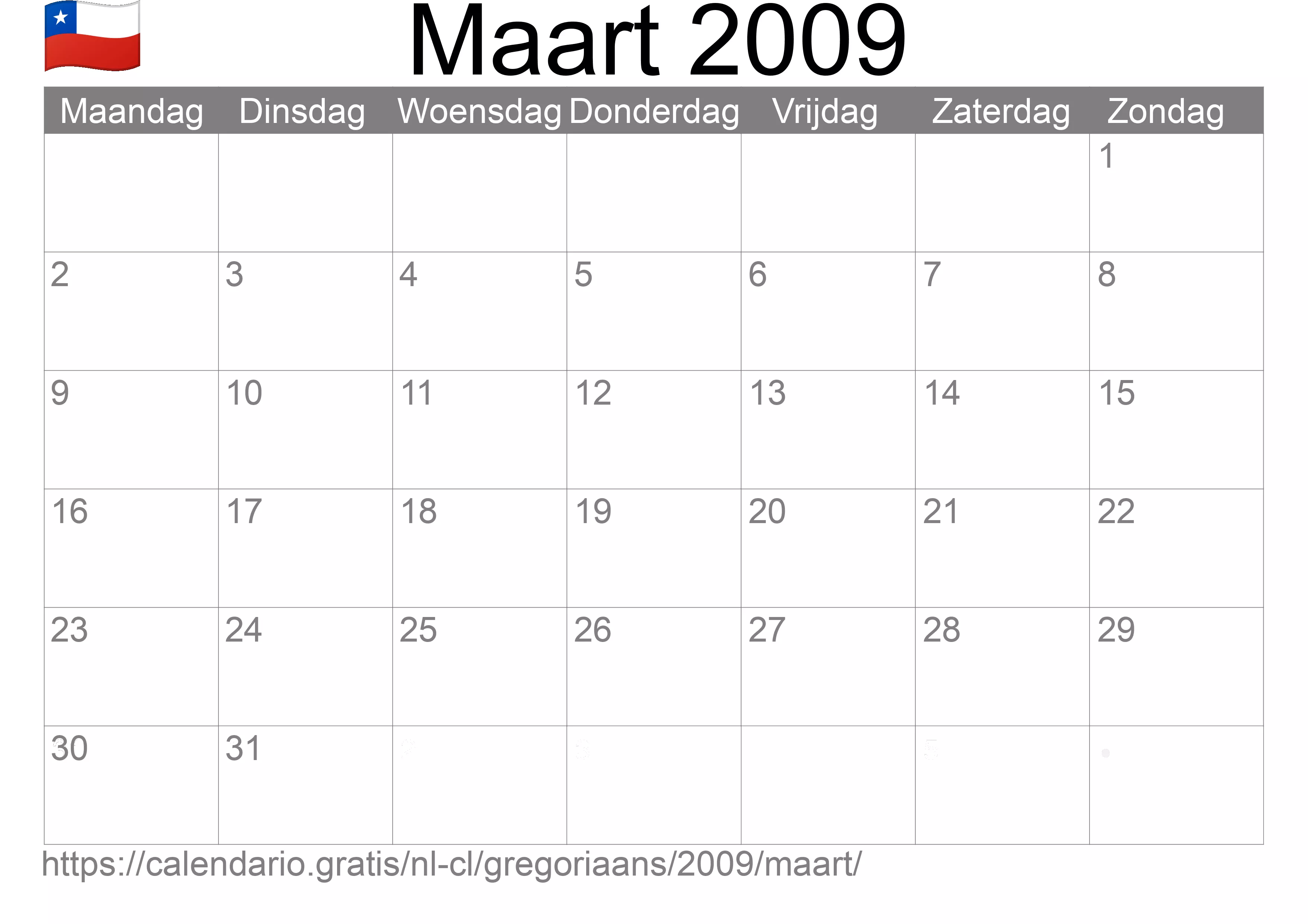 Kalender Maart 2009 om af te drukken (Chili)