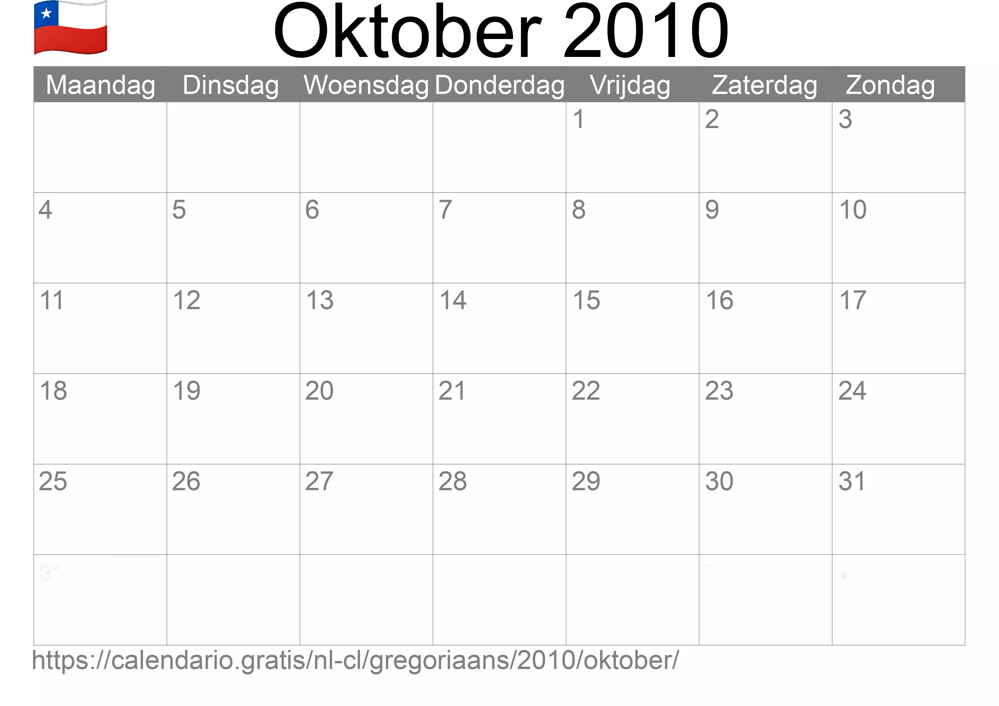 Kalender Oktober 2010 om af te drukken (Chili)