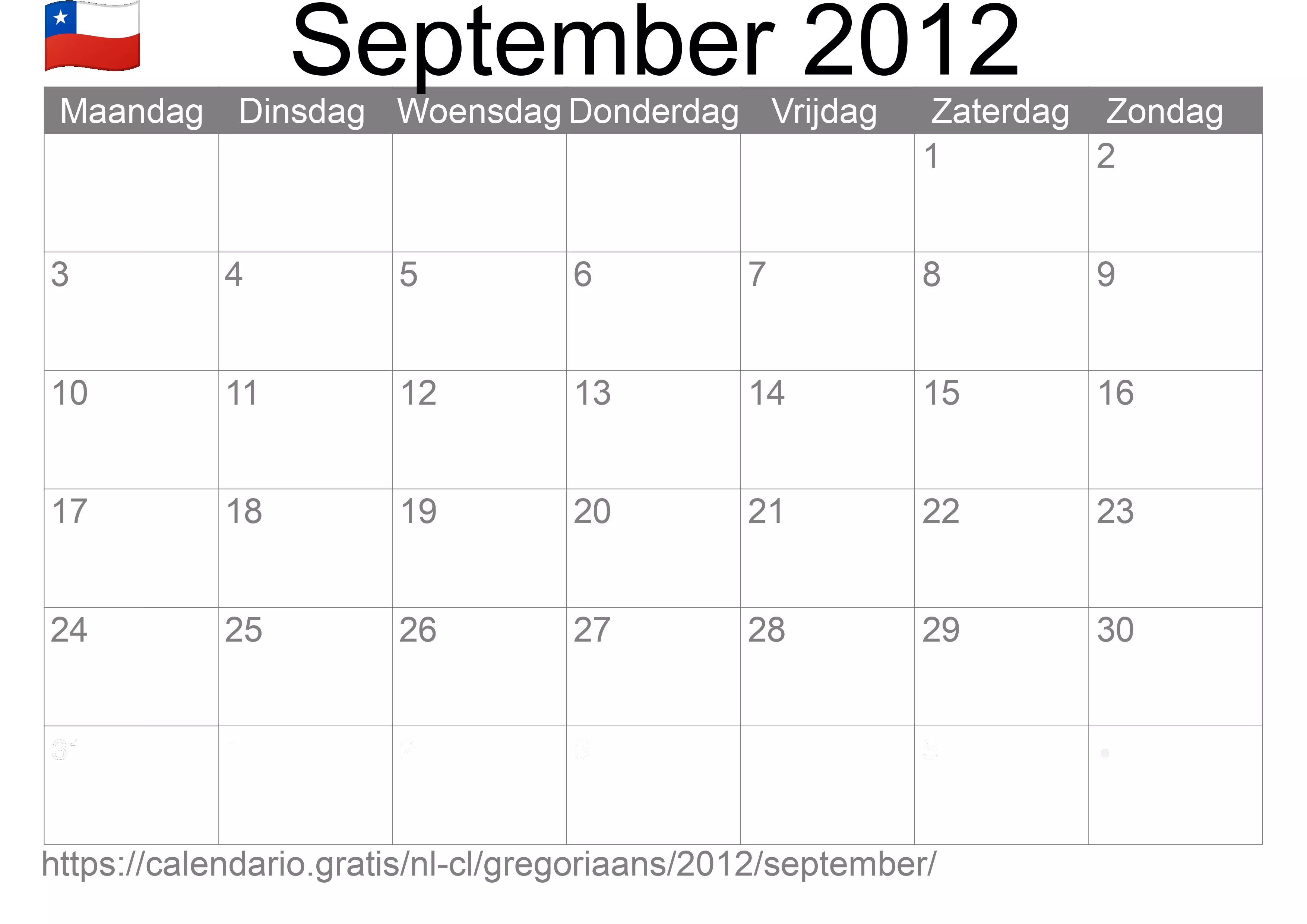 Kalender September 2012 om af te drukken (Chili)