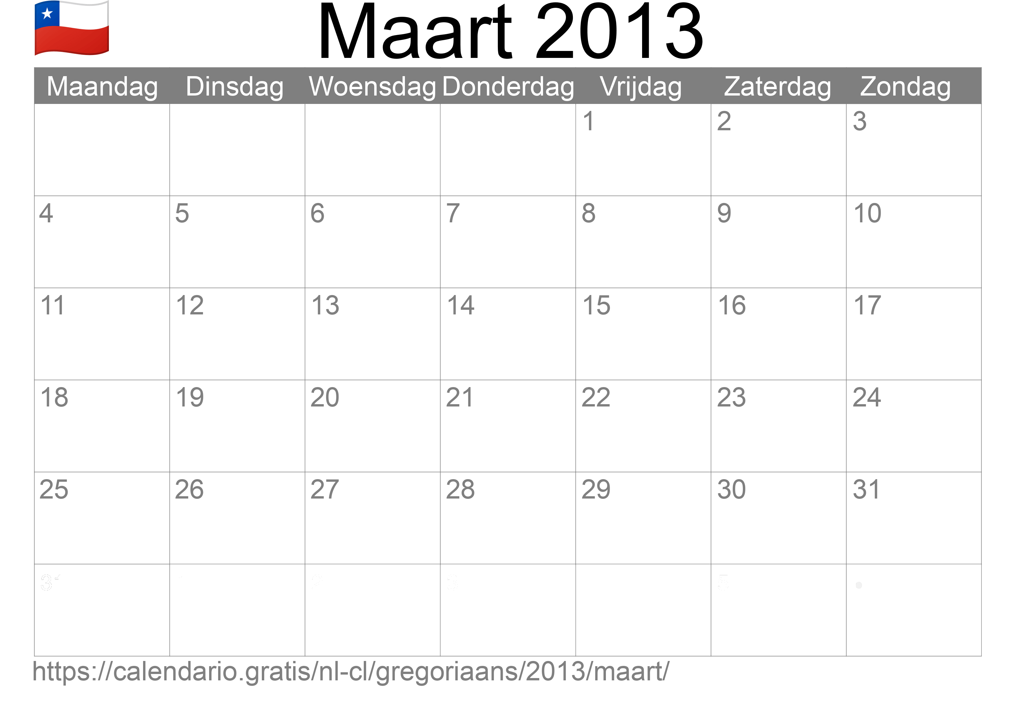 Kalender Maart 2013 om af te drukken