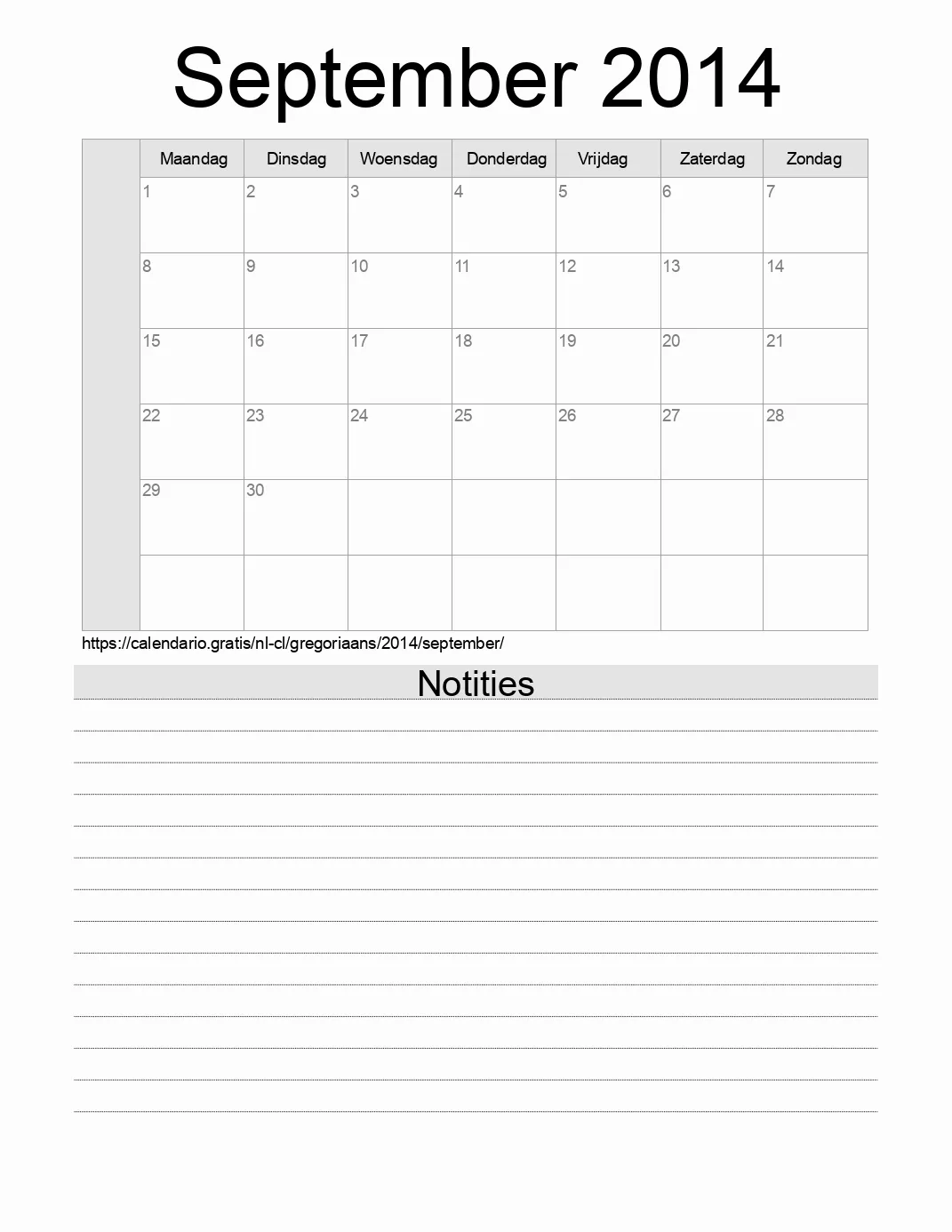 Kalender voor September 2014 om af te drukken met notities. (Chili)