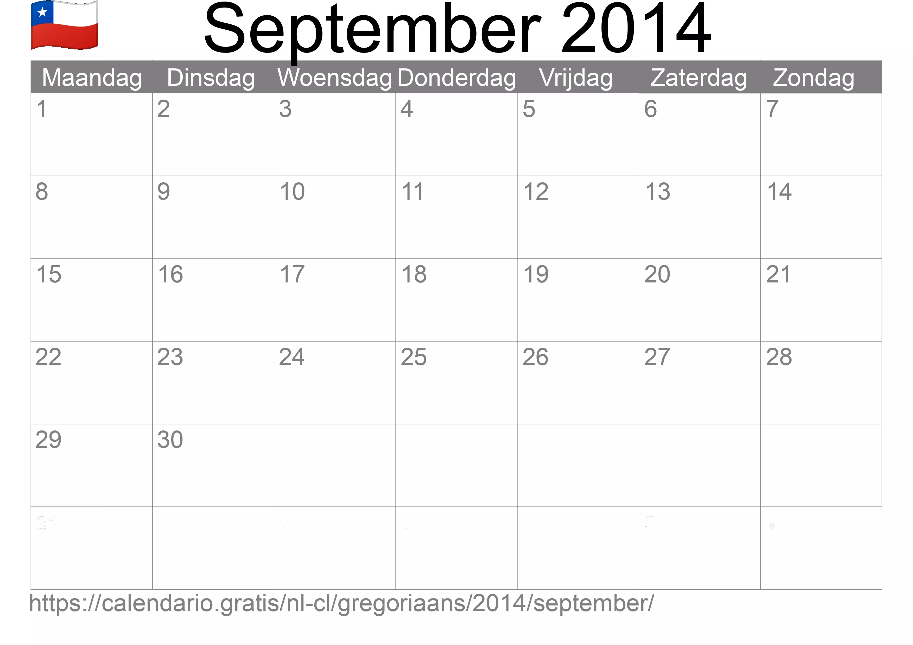 Kalender September 2014 om af te drukken (Chili)