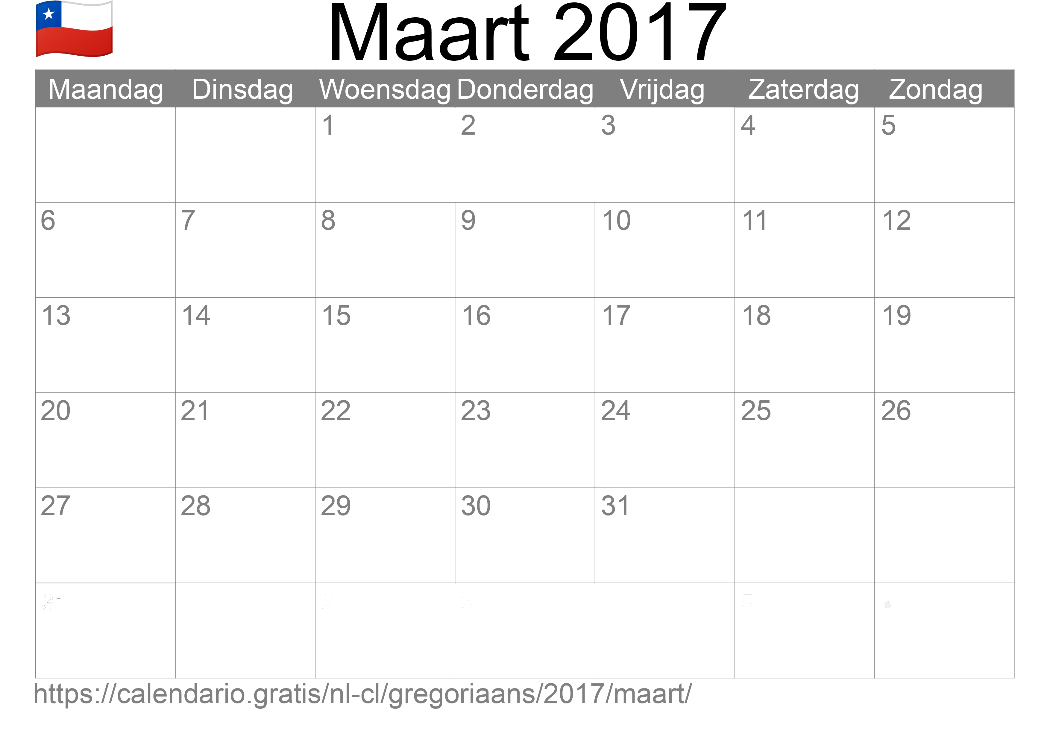 Kalender Maart 2017 om af te drukken