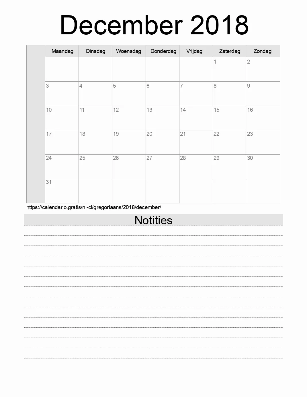 Kalender voor December 2018 om af te drukken met notities. (Chili)