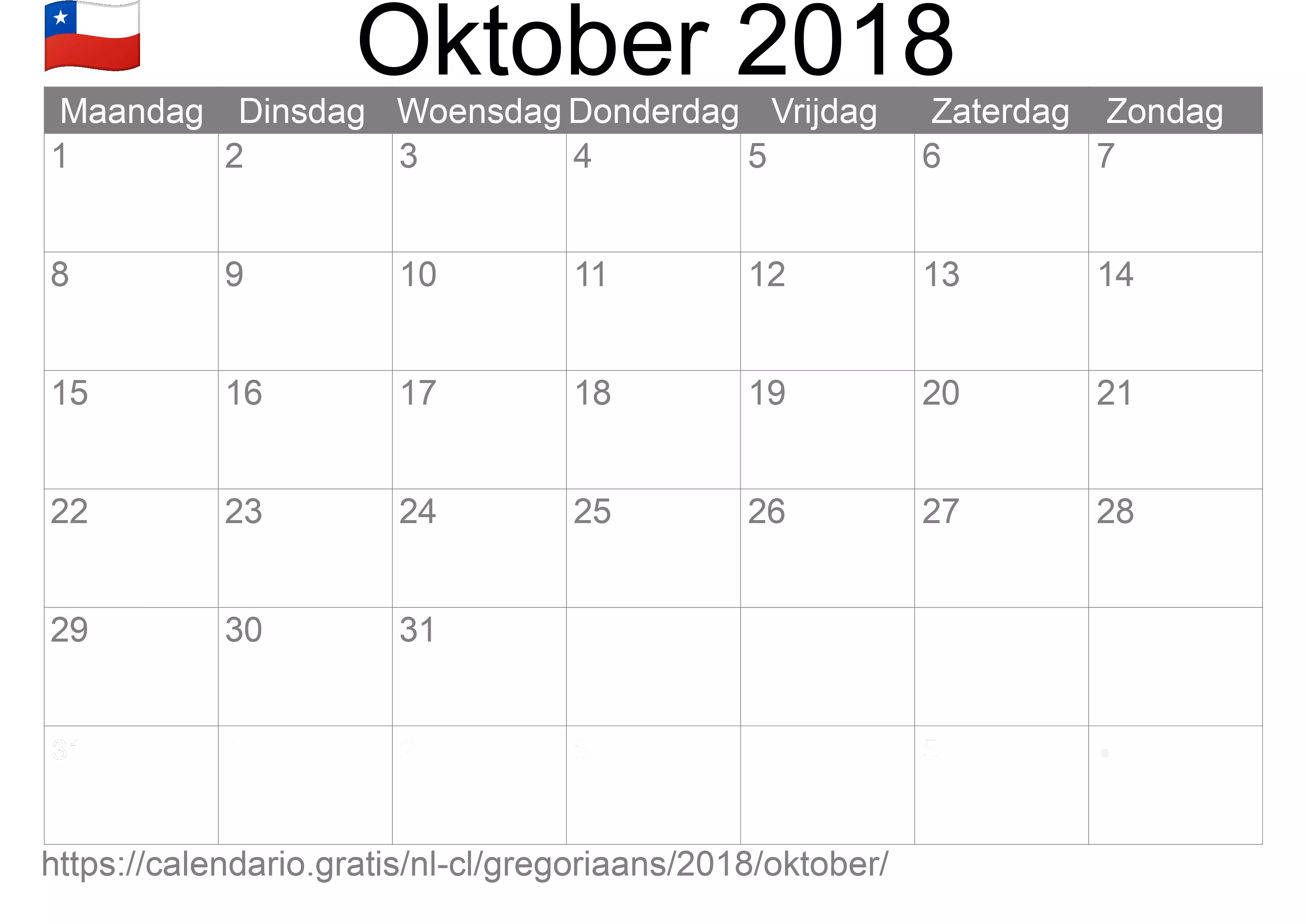 Kalender Oktober 2018 om af te drukken (Chili)