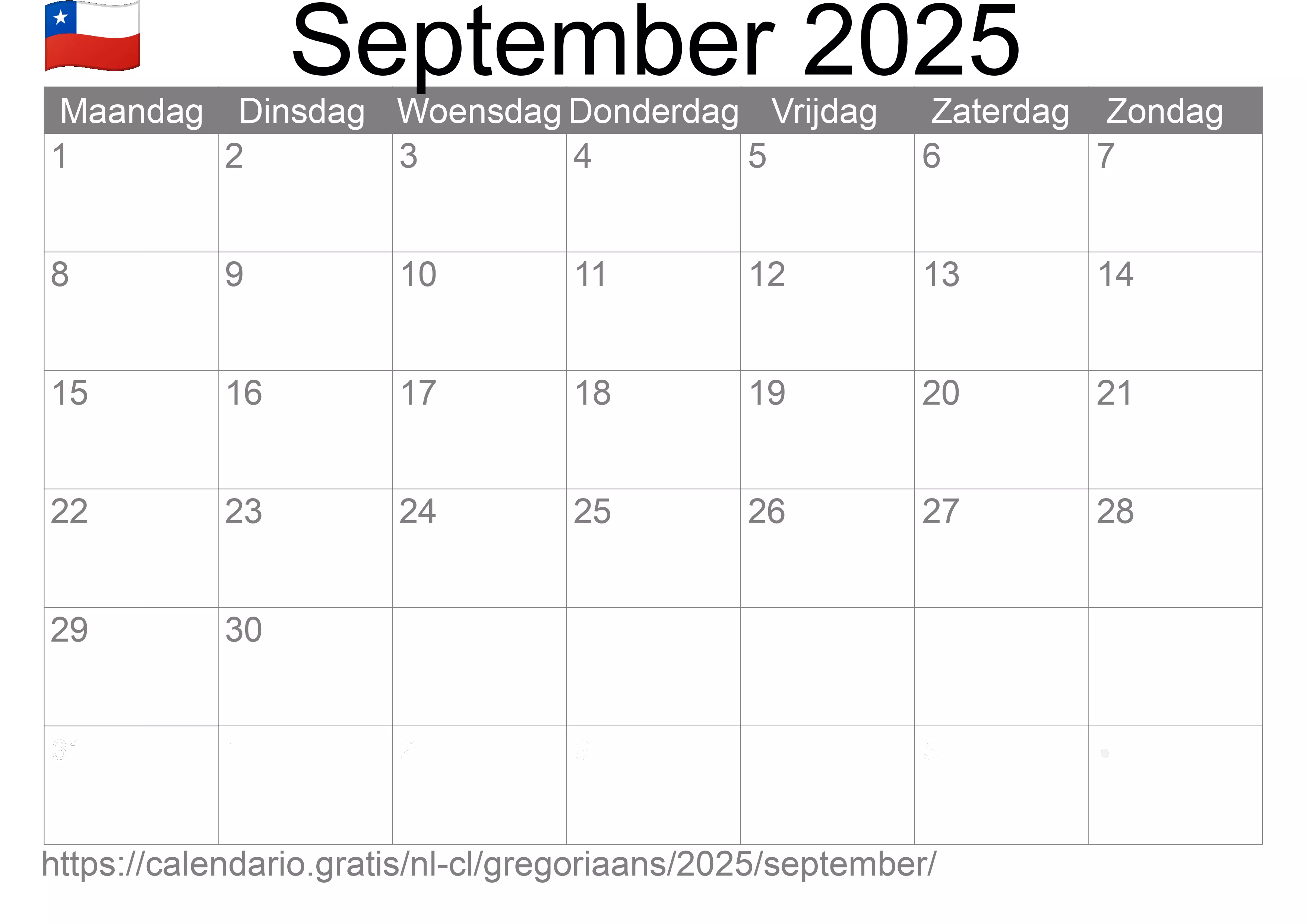 Kalender September 2025 om af te drukken (Chili)