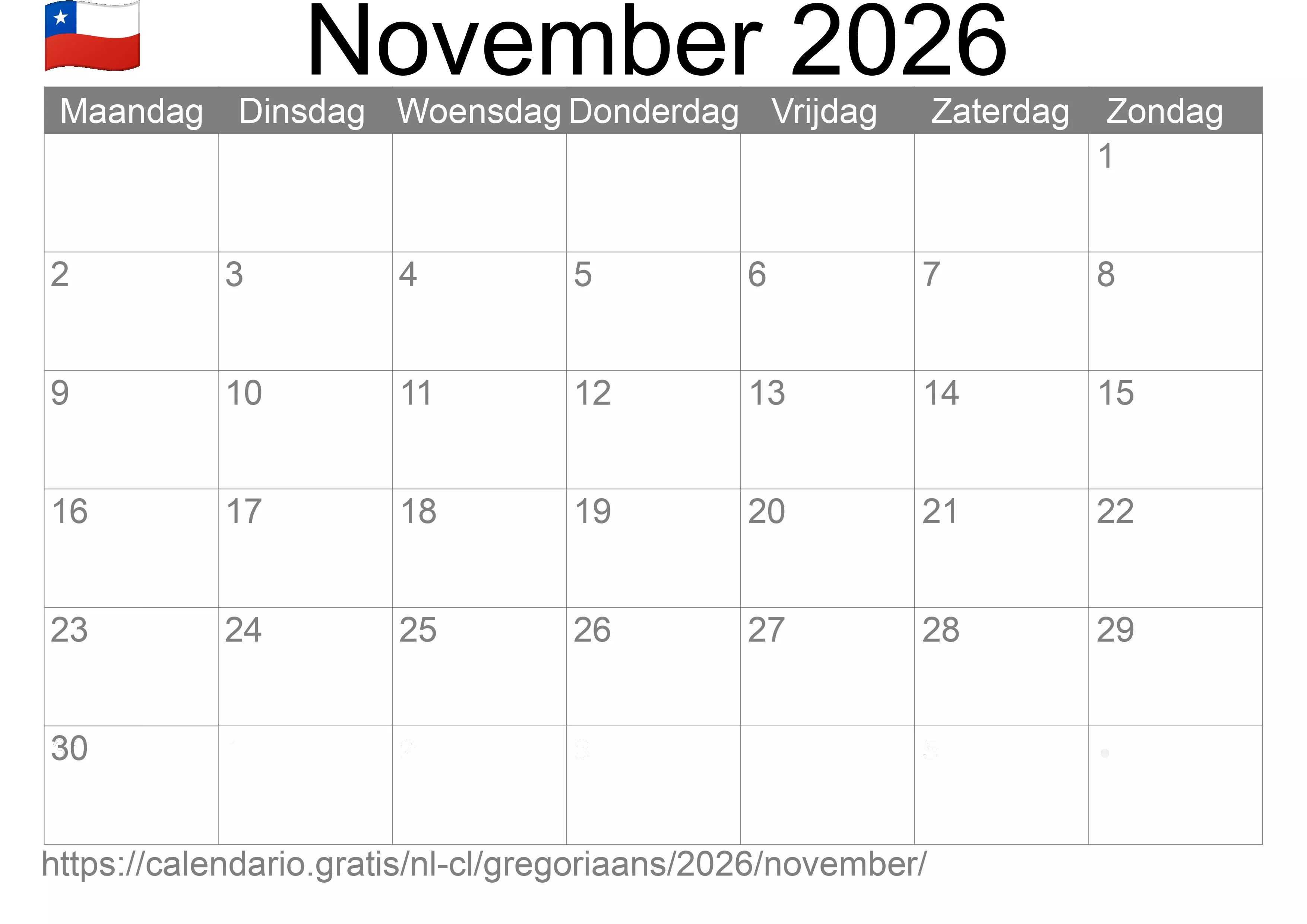 Kalender November 2026 om af te drukken (Chili)