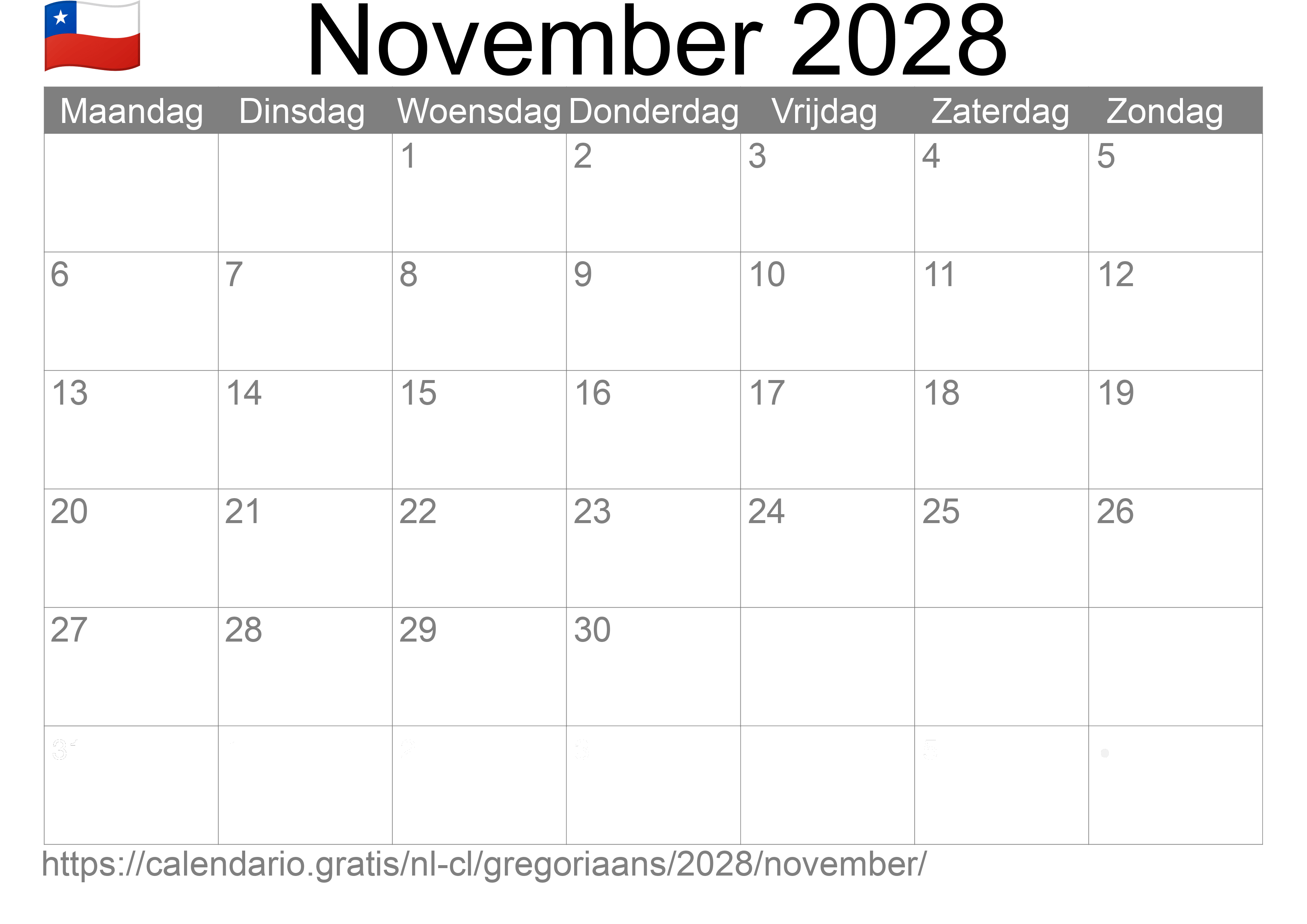 Kalender November 2028 om af te drukken