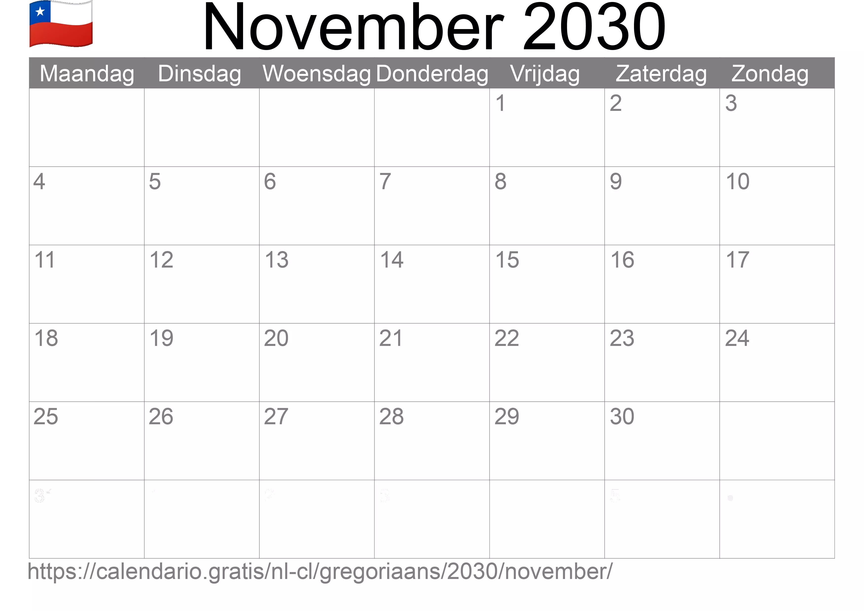 Kalender November 2030 om af te drukken (Chili)