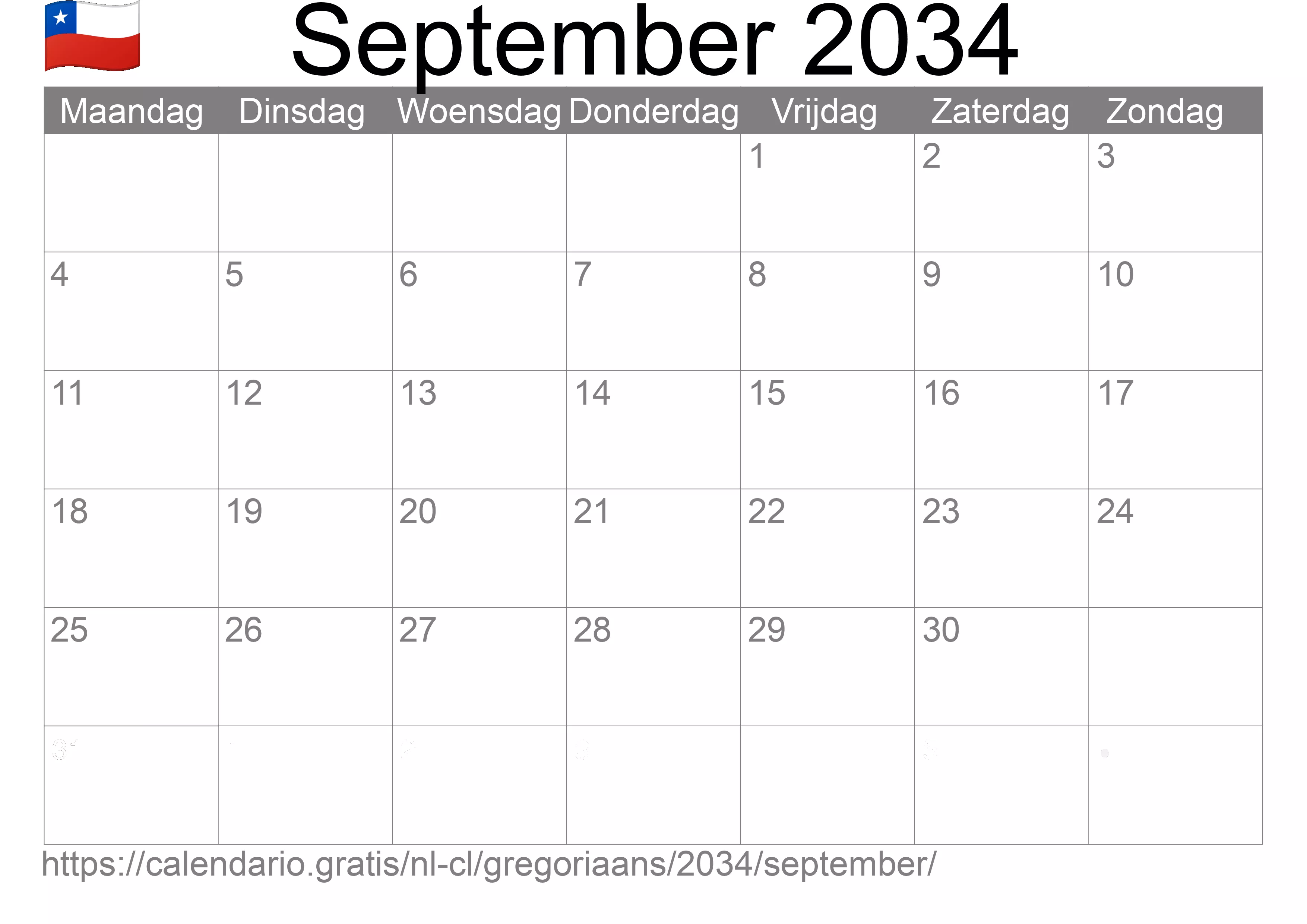Kalender September 2034 om af te drukken (Chili)