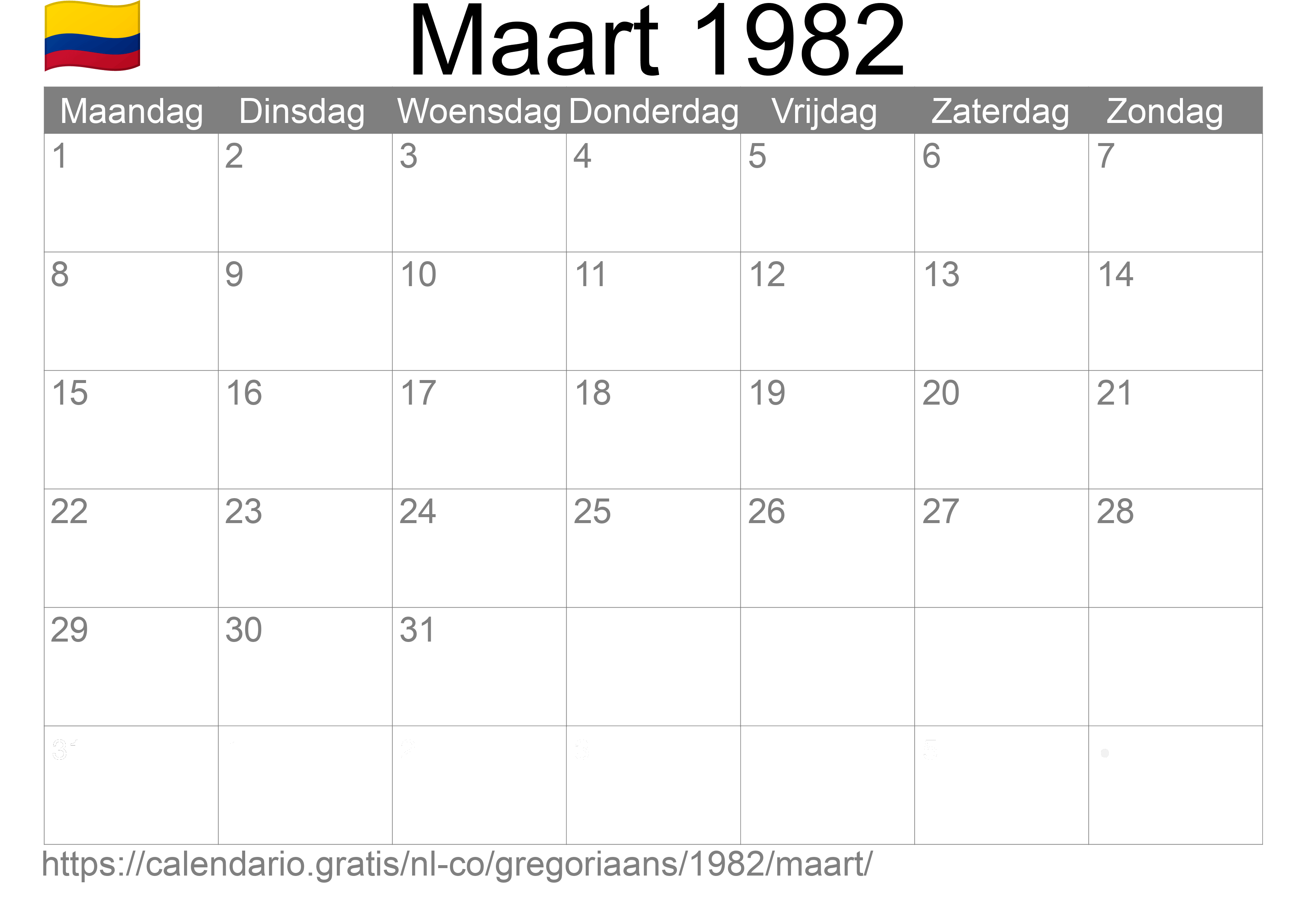 Kalender Maart 1982 om af te drukken