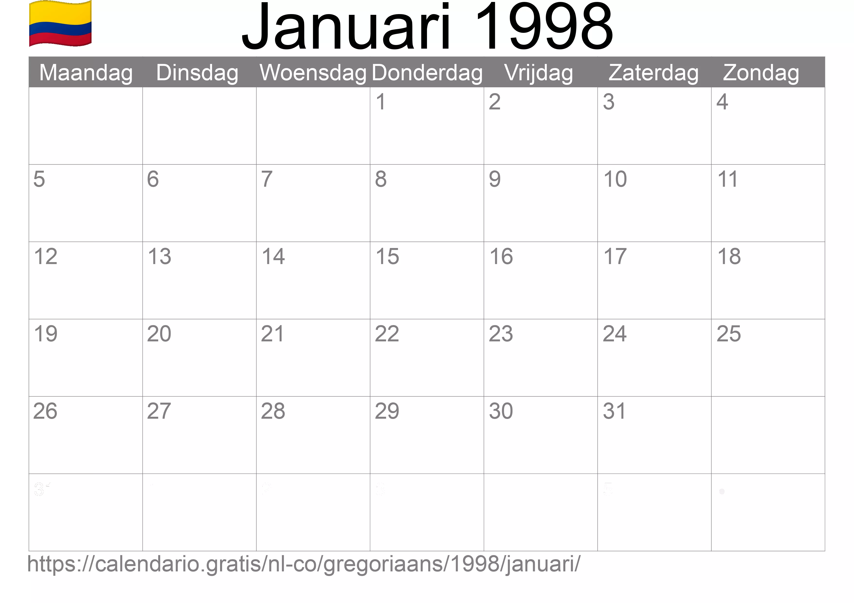 Kalender Januari 1998 om af te drukken (Colombia)