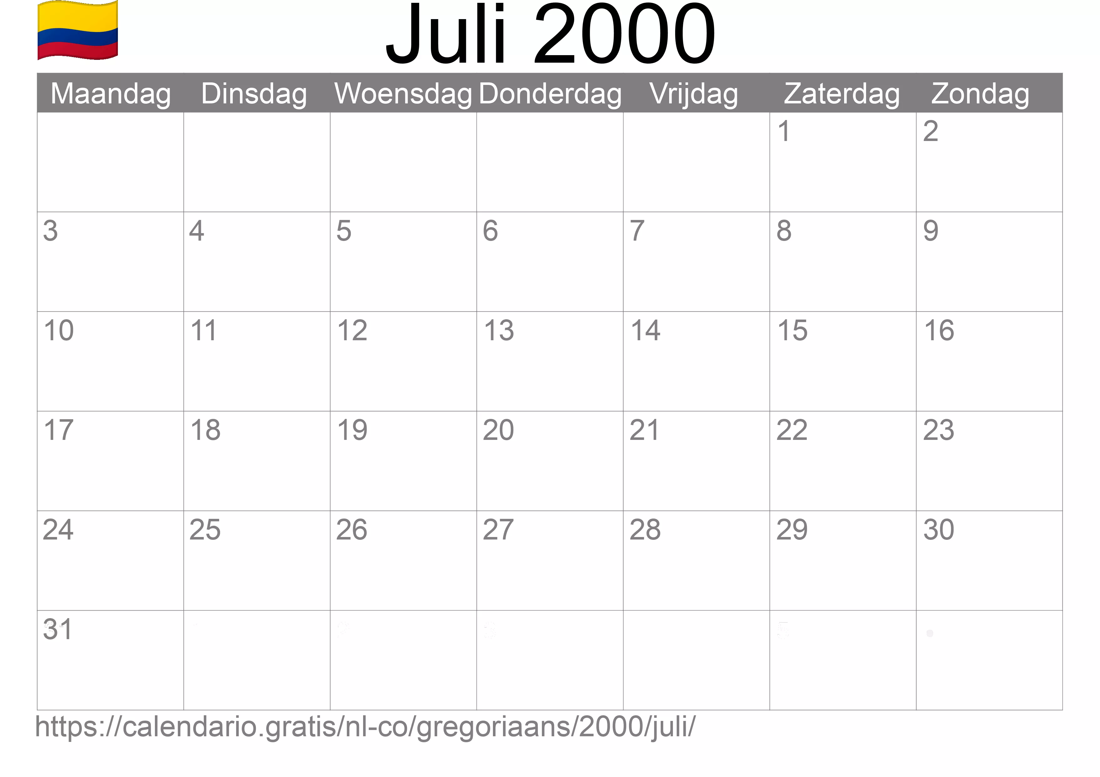 Kalender Juli 2000 om af te drukken (Colombia)