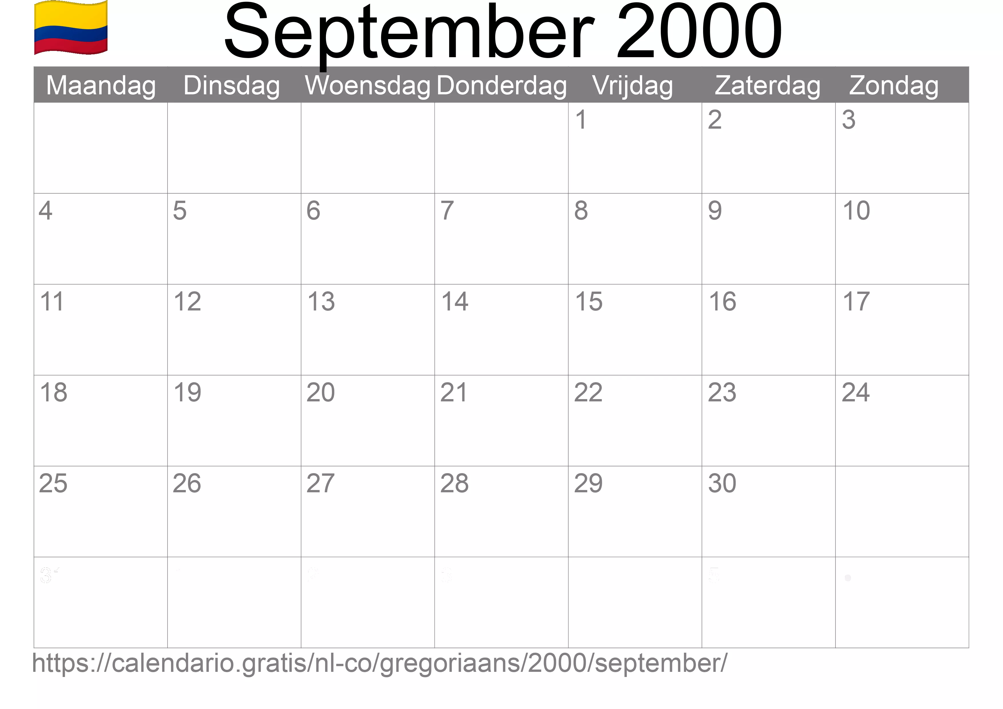 Kalender September 2000 om af te drukken (Colombia)