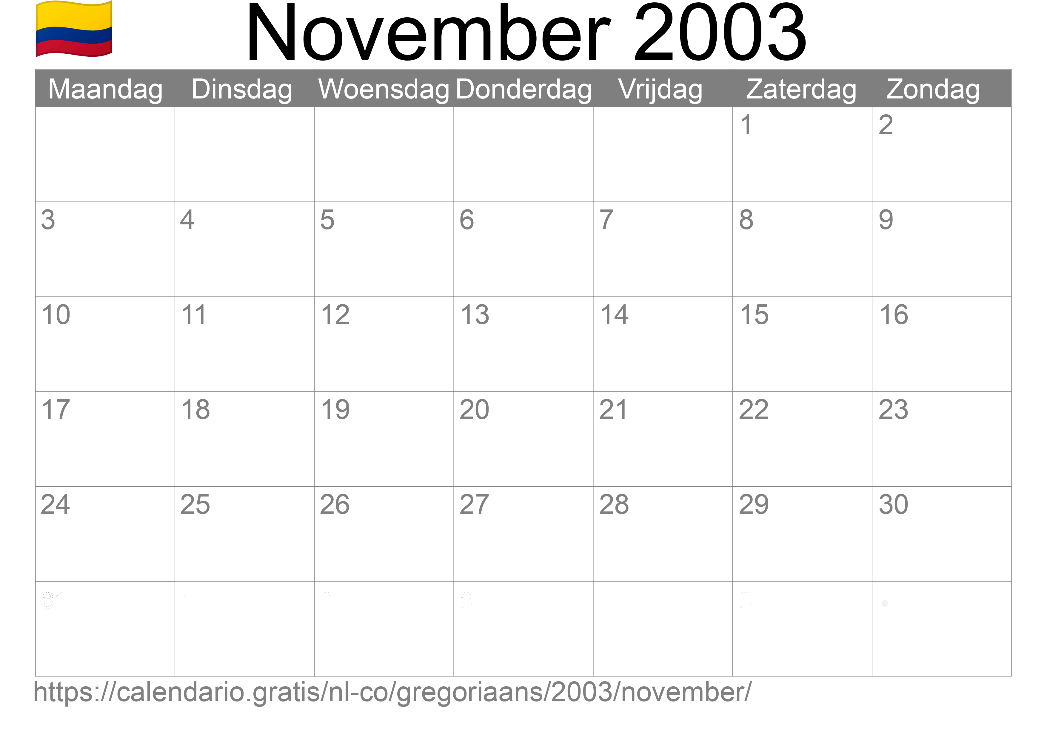 Kalender November 2003 om af te drukken