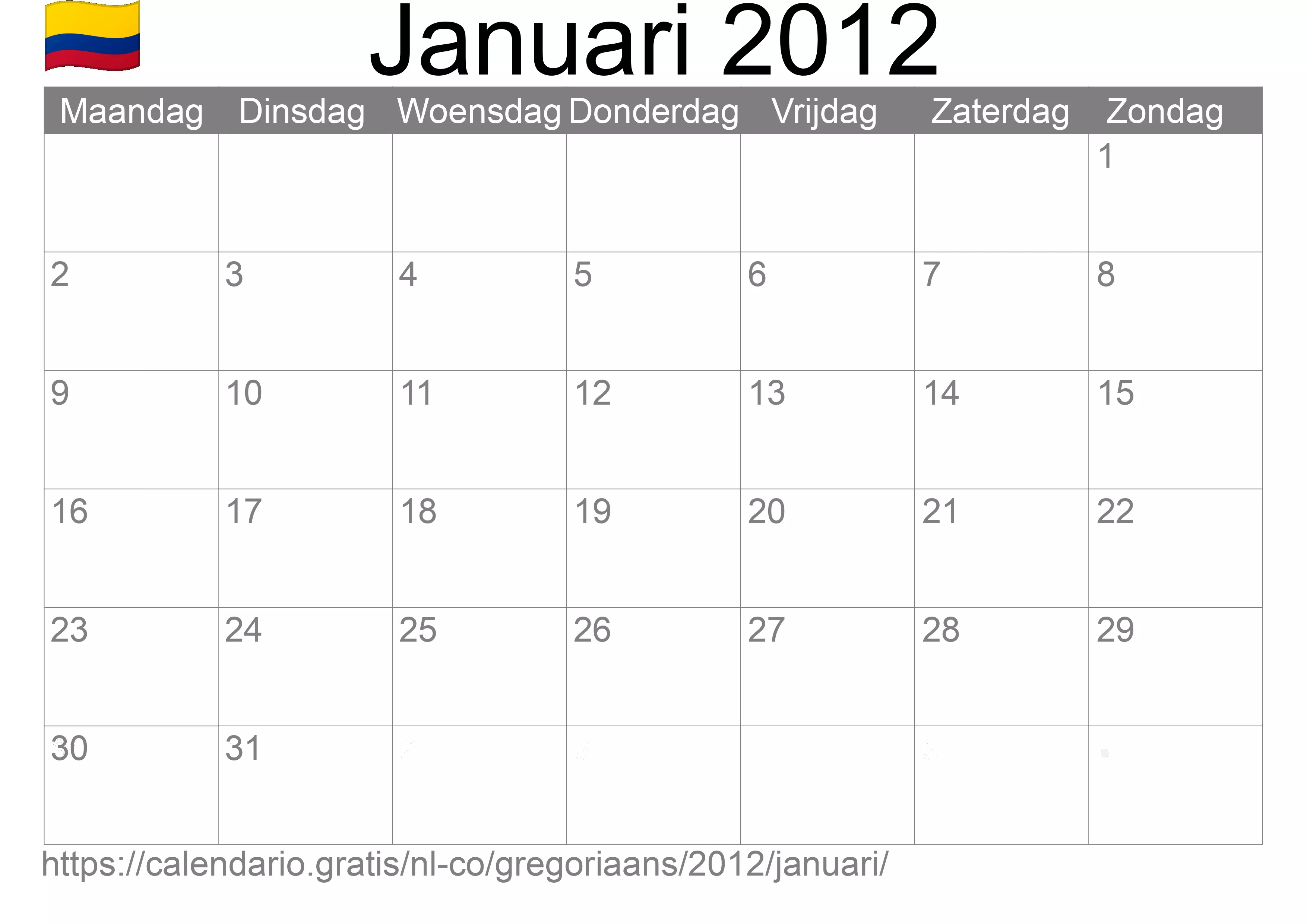 Kalender Januari 2012 om af te drukken (Colombia)
