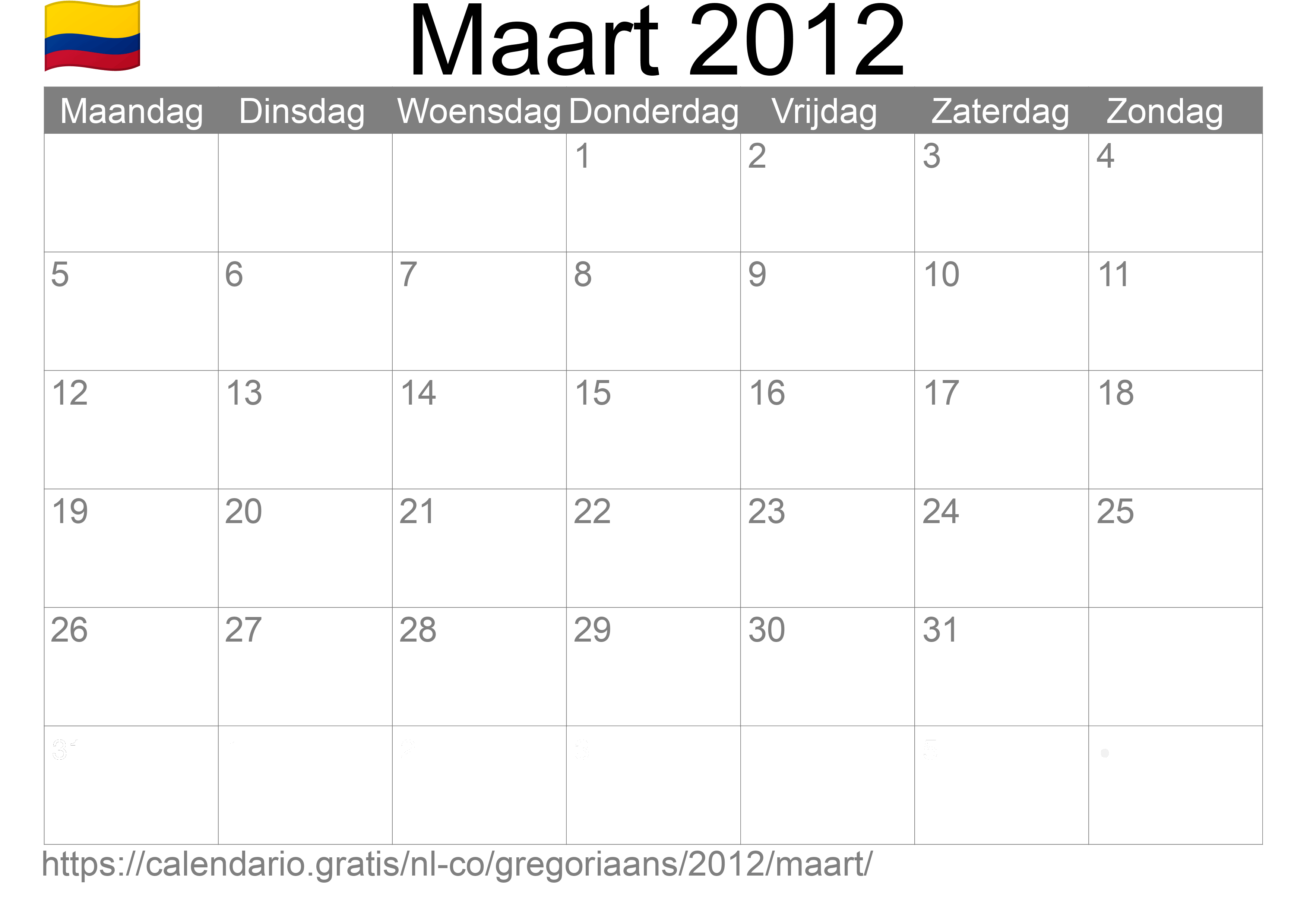 Kalender Maart 2012 om af te drukken