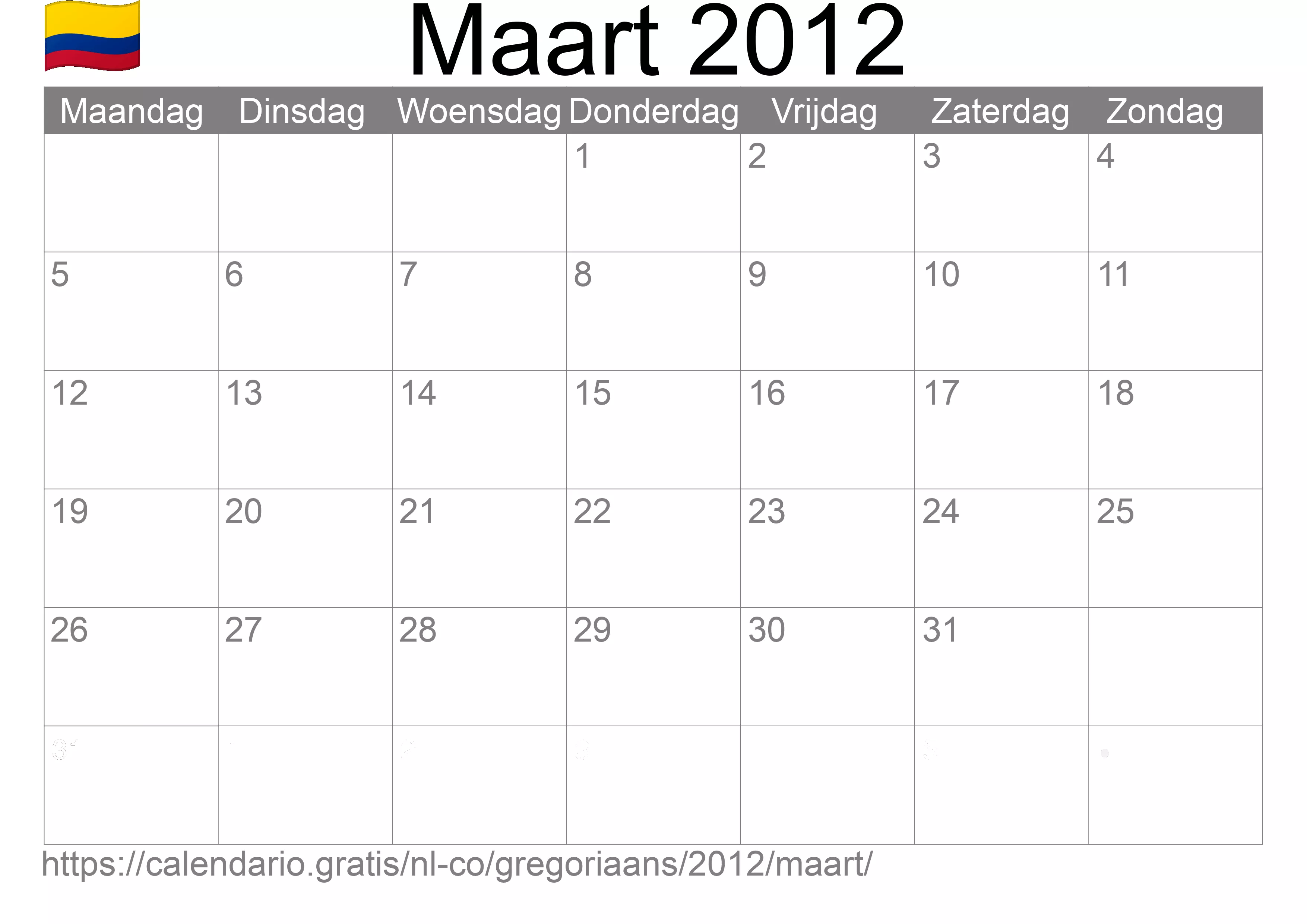 Kalender Maart 2012 om af te drukken (Colombia) Kalender Maart 2012 om af te drukken (Colombia)