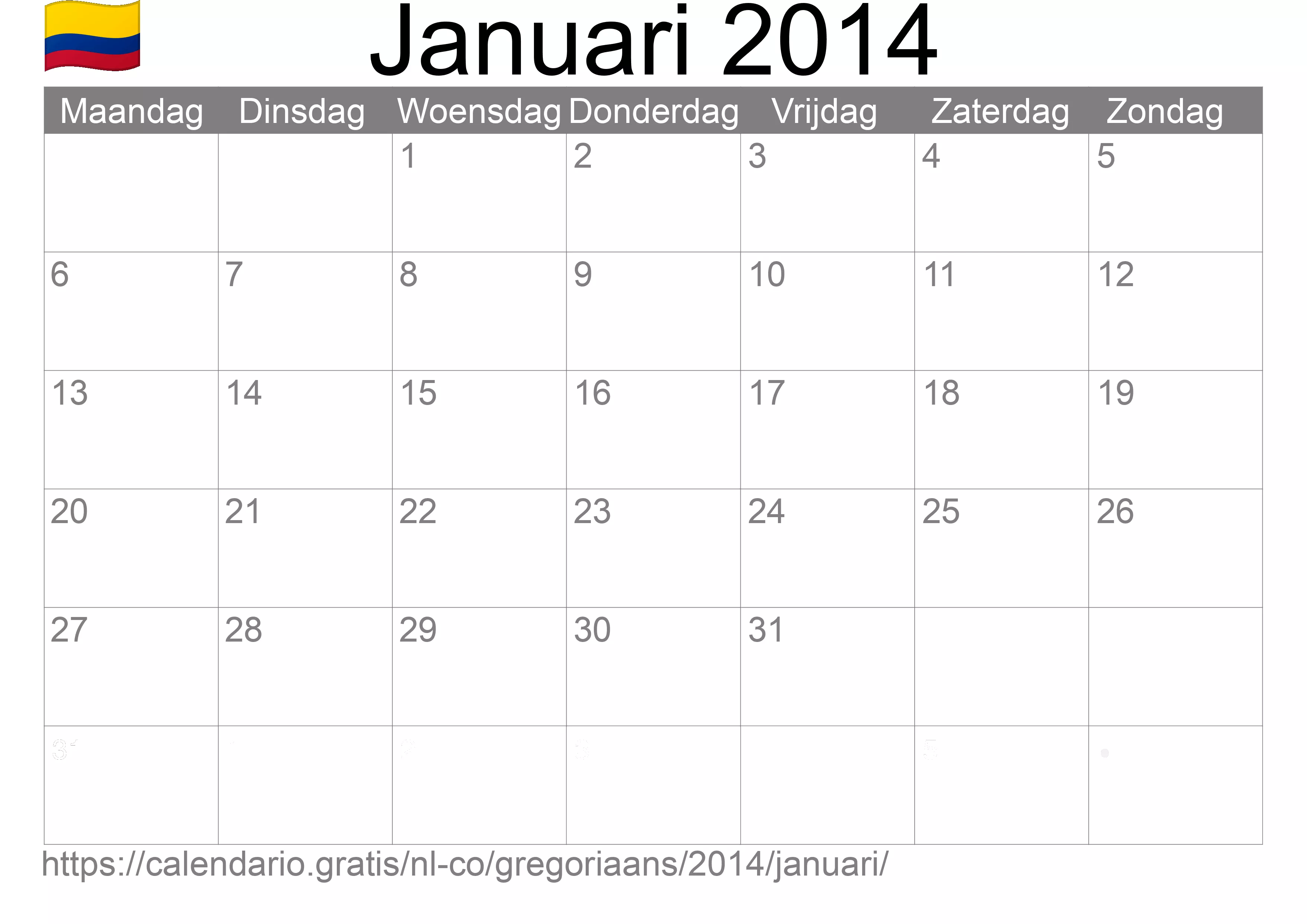 Kalender Januari 2014 om af te drukken (Colombia)