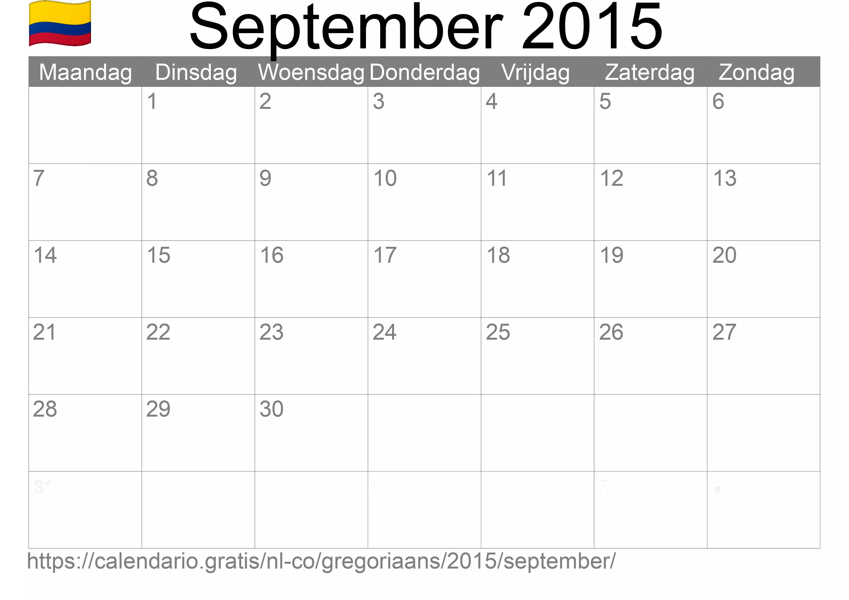 Kalender September 2015 om af te drukken (Colombia) Kalender September 2015 om af te drukken (Colombia)