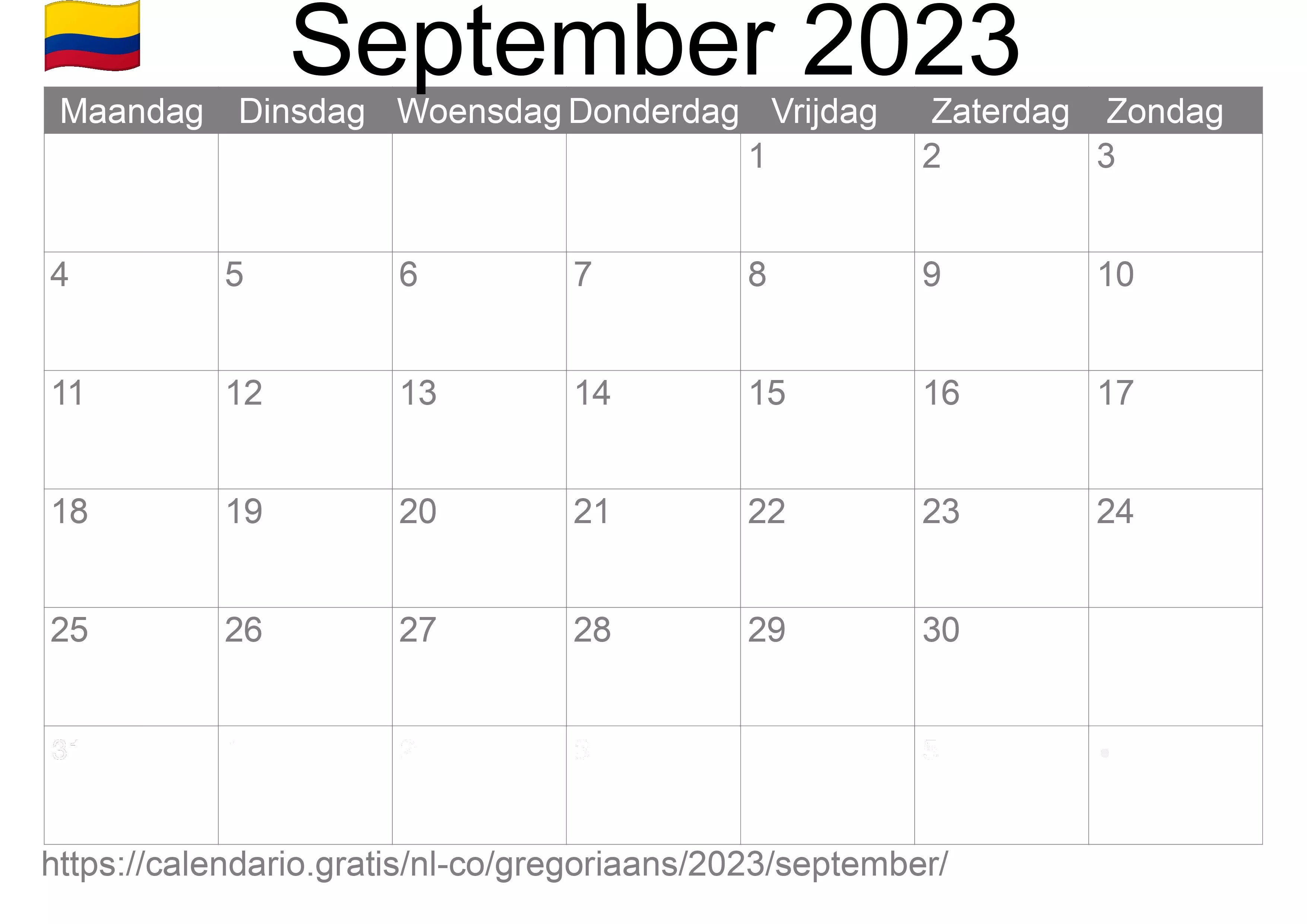 Kalender September 2023 om af te drukken (Colombia)